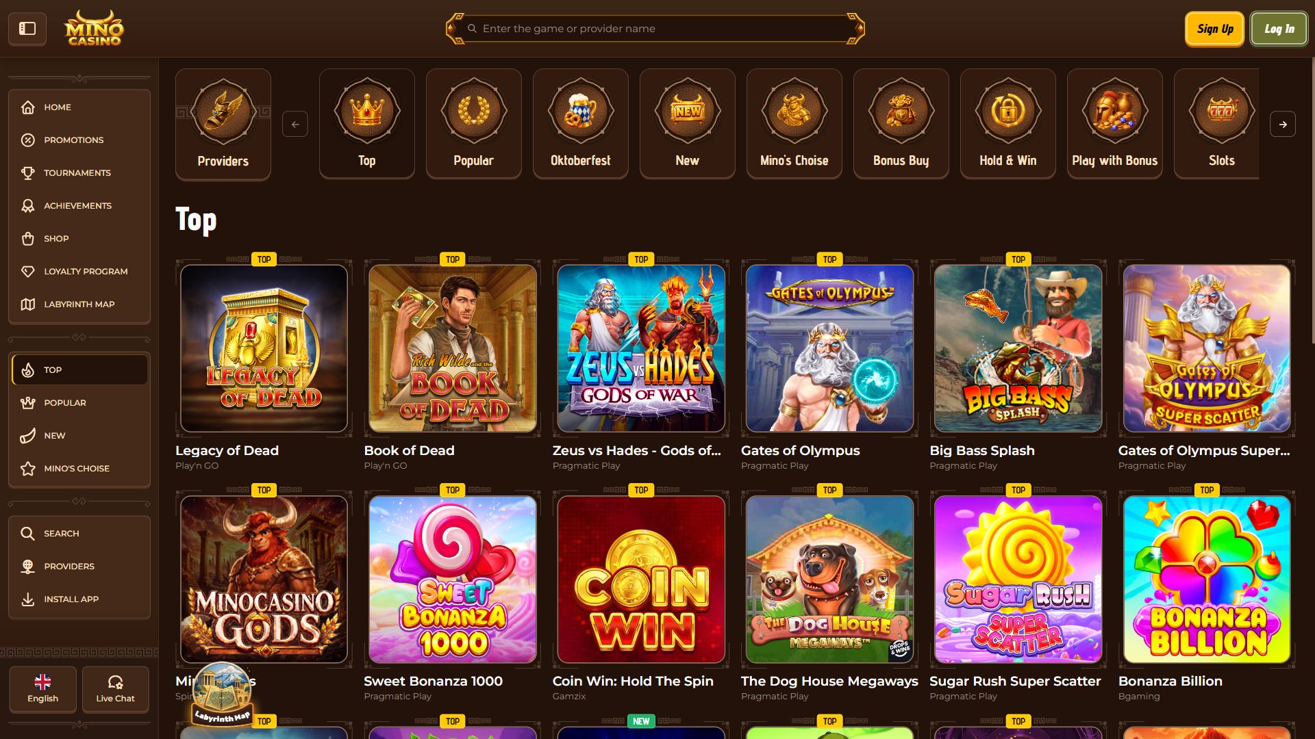 Mino Casino — Lobby (Desktop)