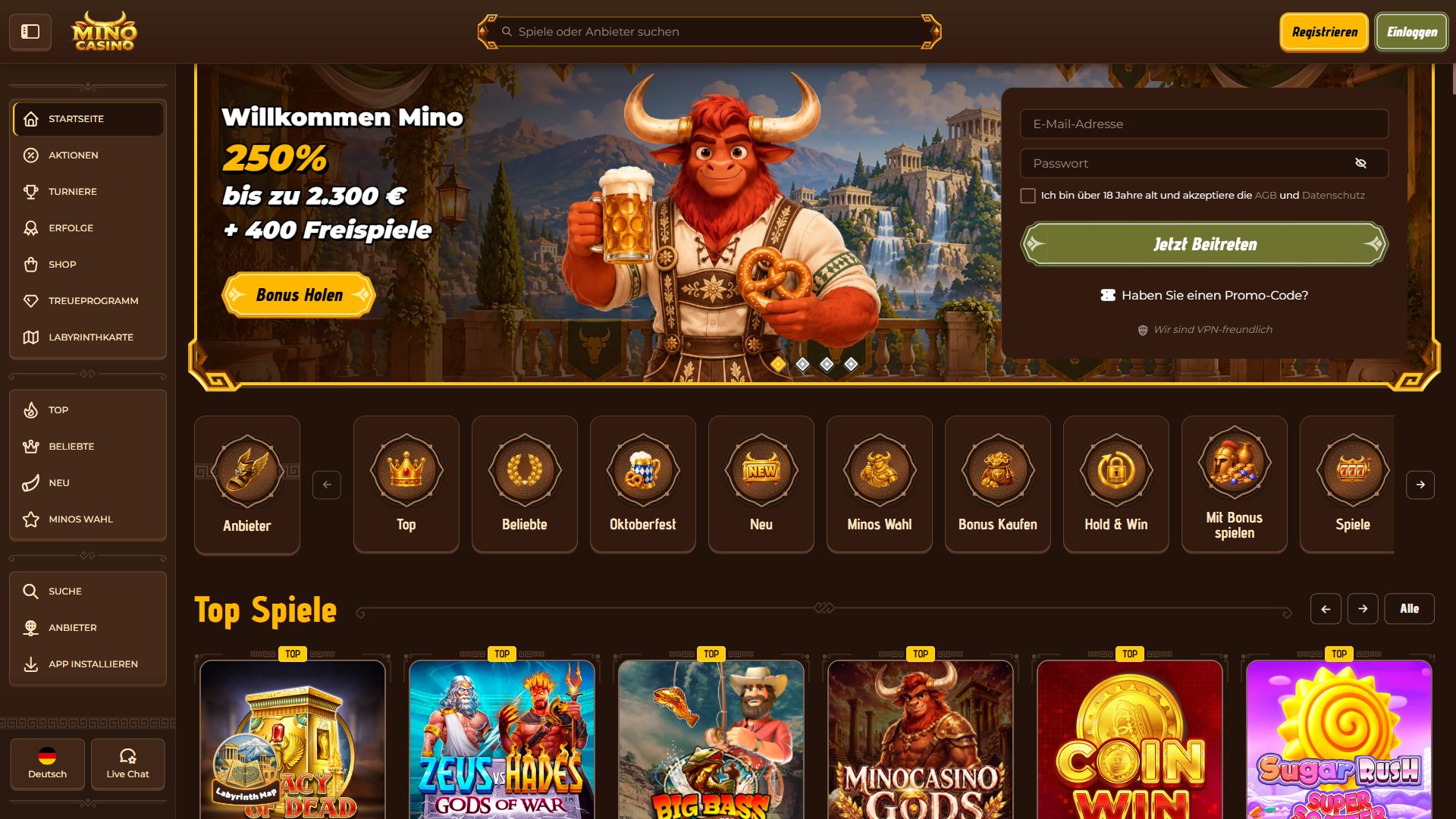 Mino Casino — Startseite (Desktop)
