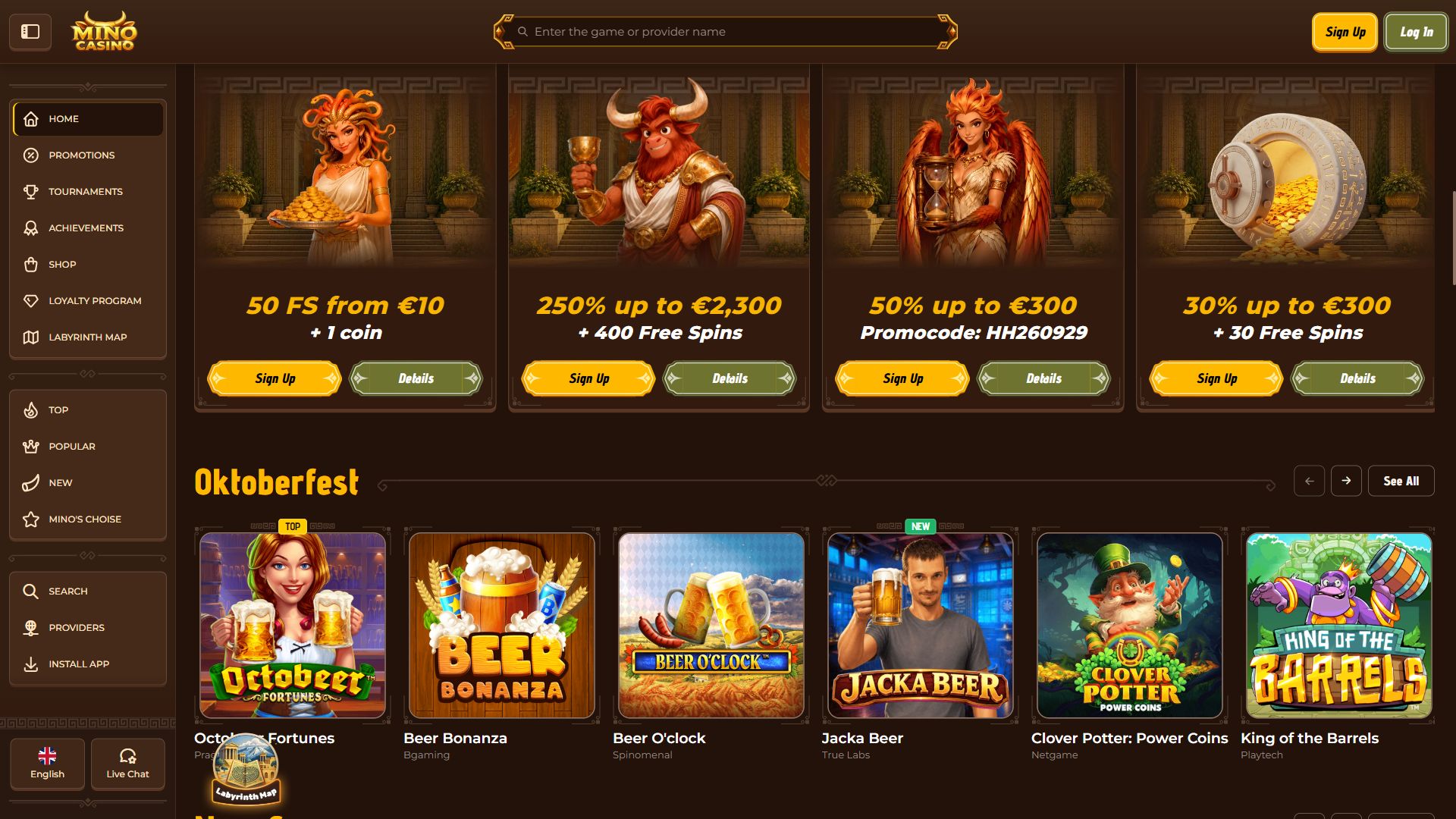 Mino Casino — Homepage (Desktop)