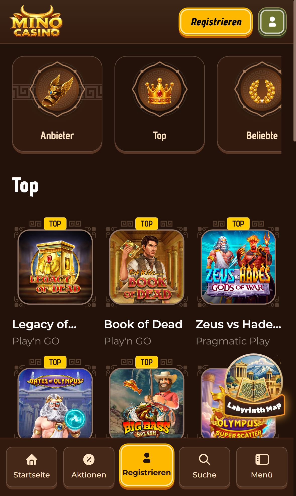 Mino Casino — Lobby (Mobil)