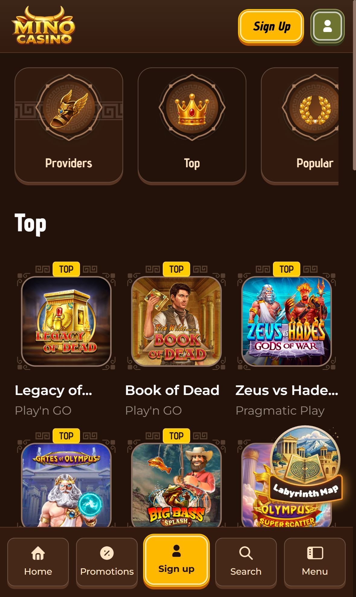 Mino Casino — Lobby (Mobile)