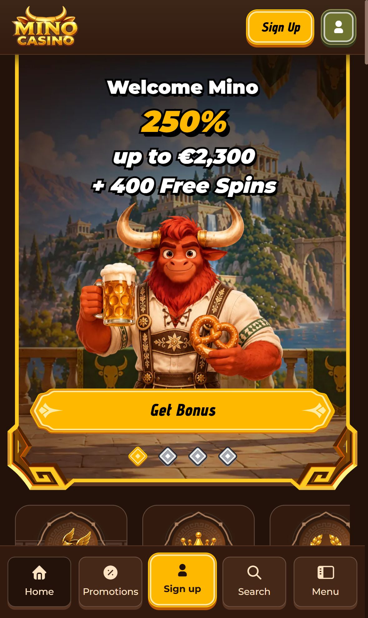 Mino Casino — Homepage (Mobile)
