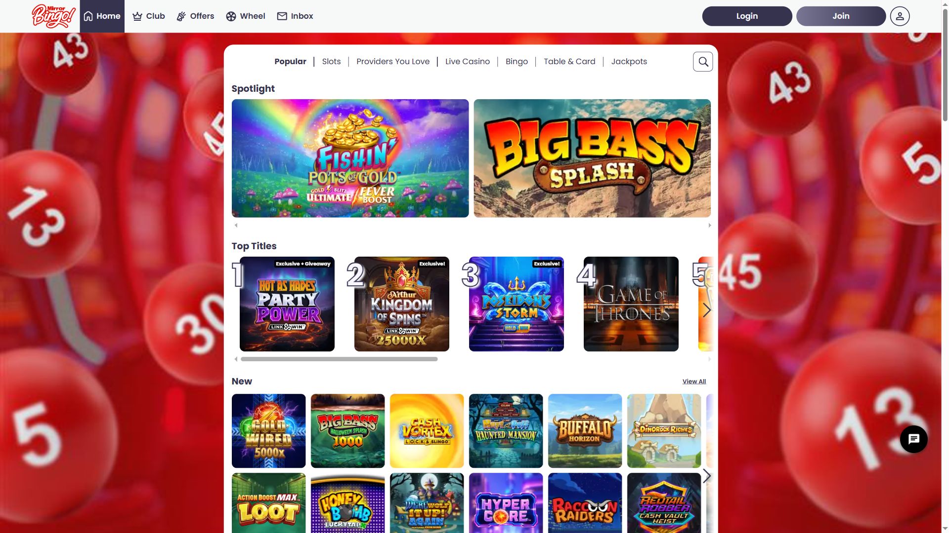 Mirror Bingo — Lobby (Desktop)