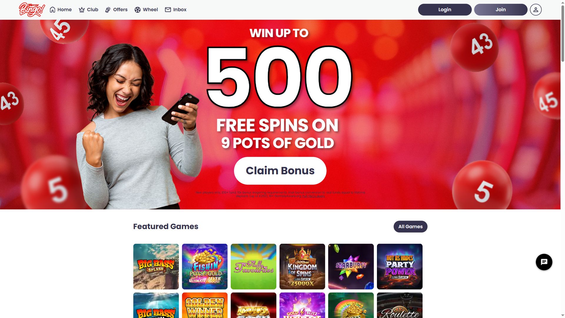 Mirror Bingo — Homepage (Desktop)