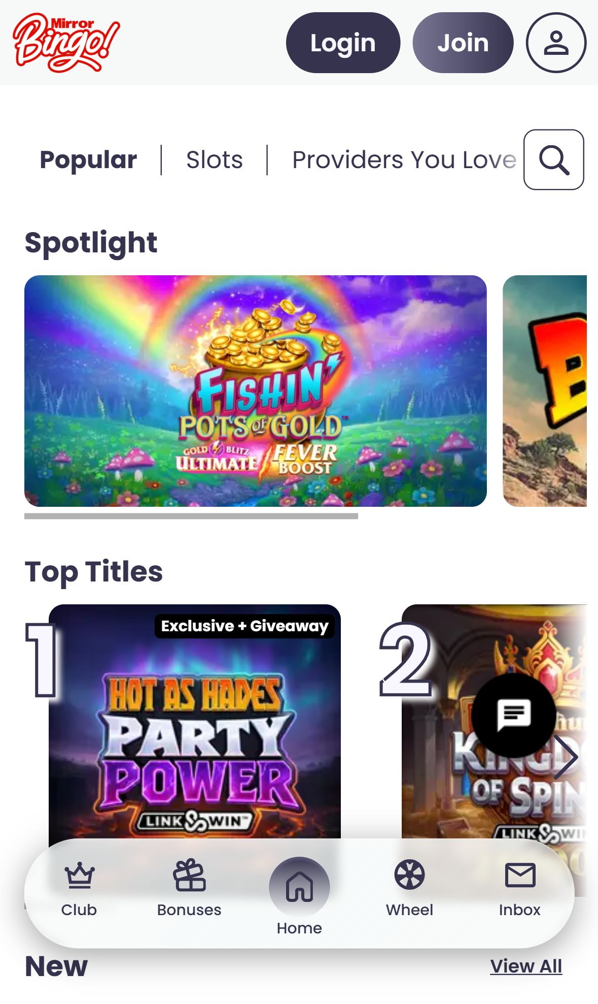 Mirror Bingo — Lobby (Mobile)