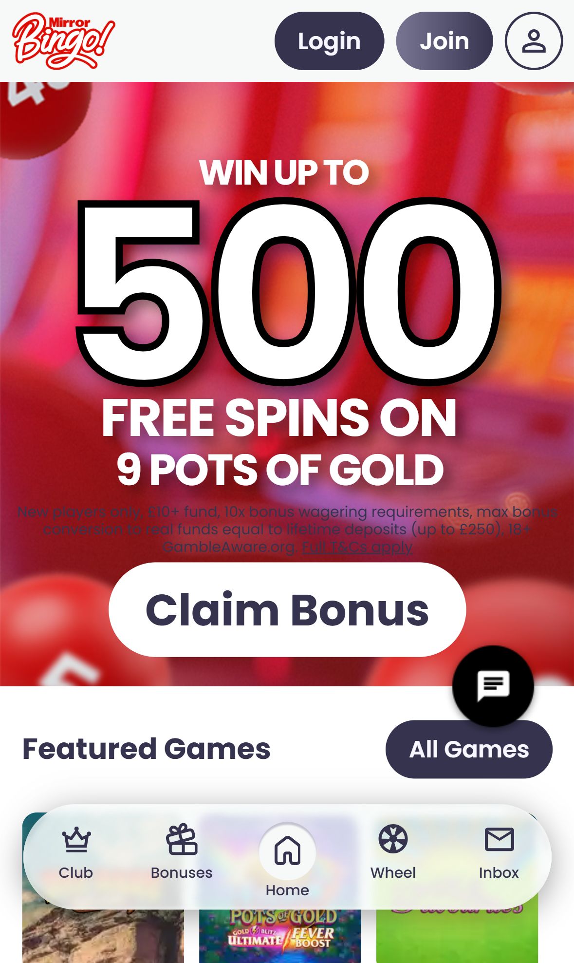 Mirror Bingo — Homepage (Mobile)