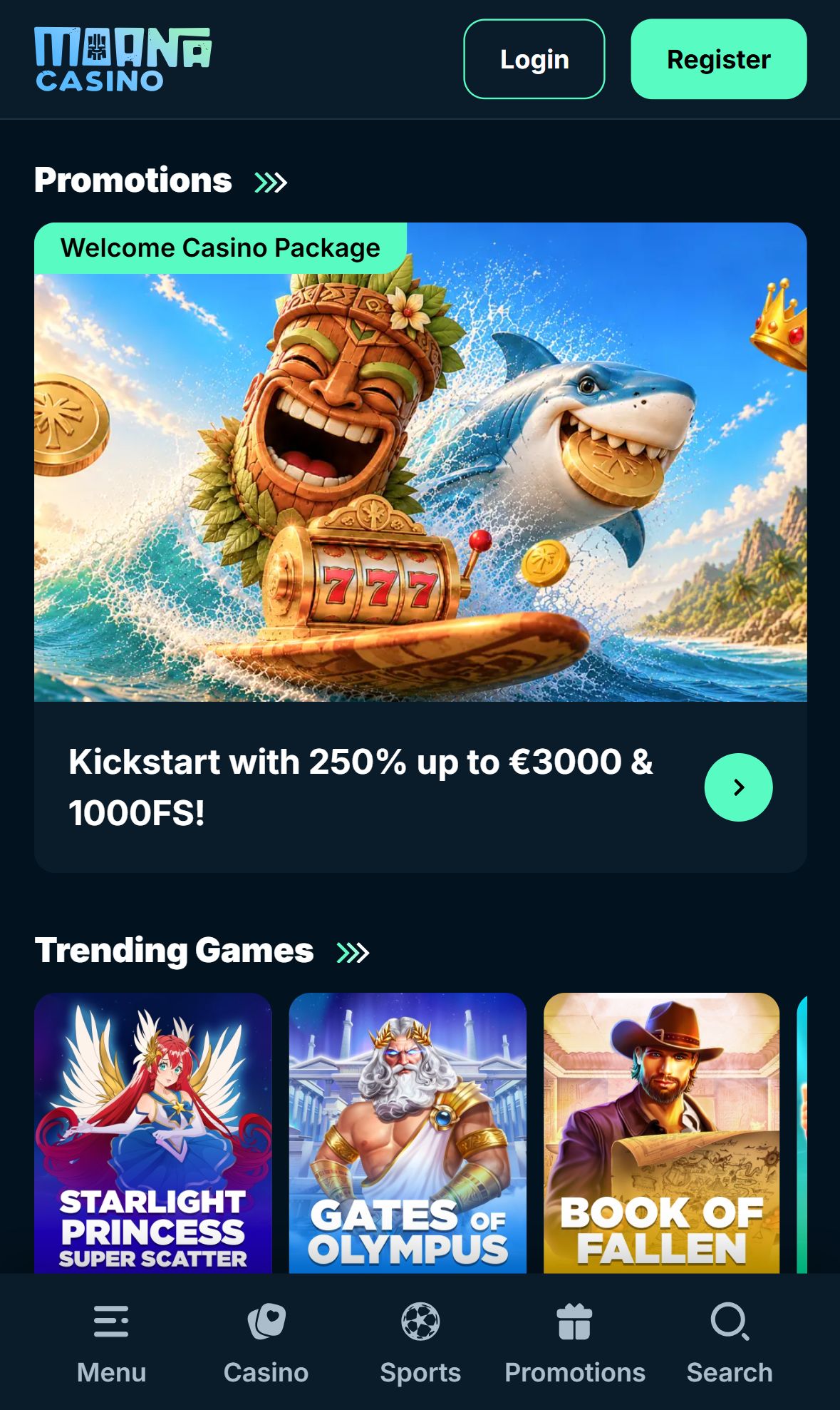 Moana Casino — Homepage (Mobile)
