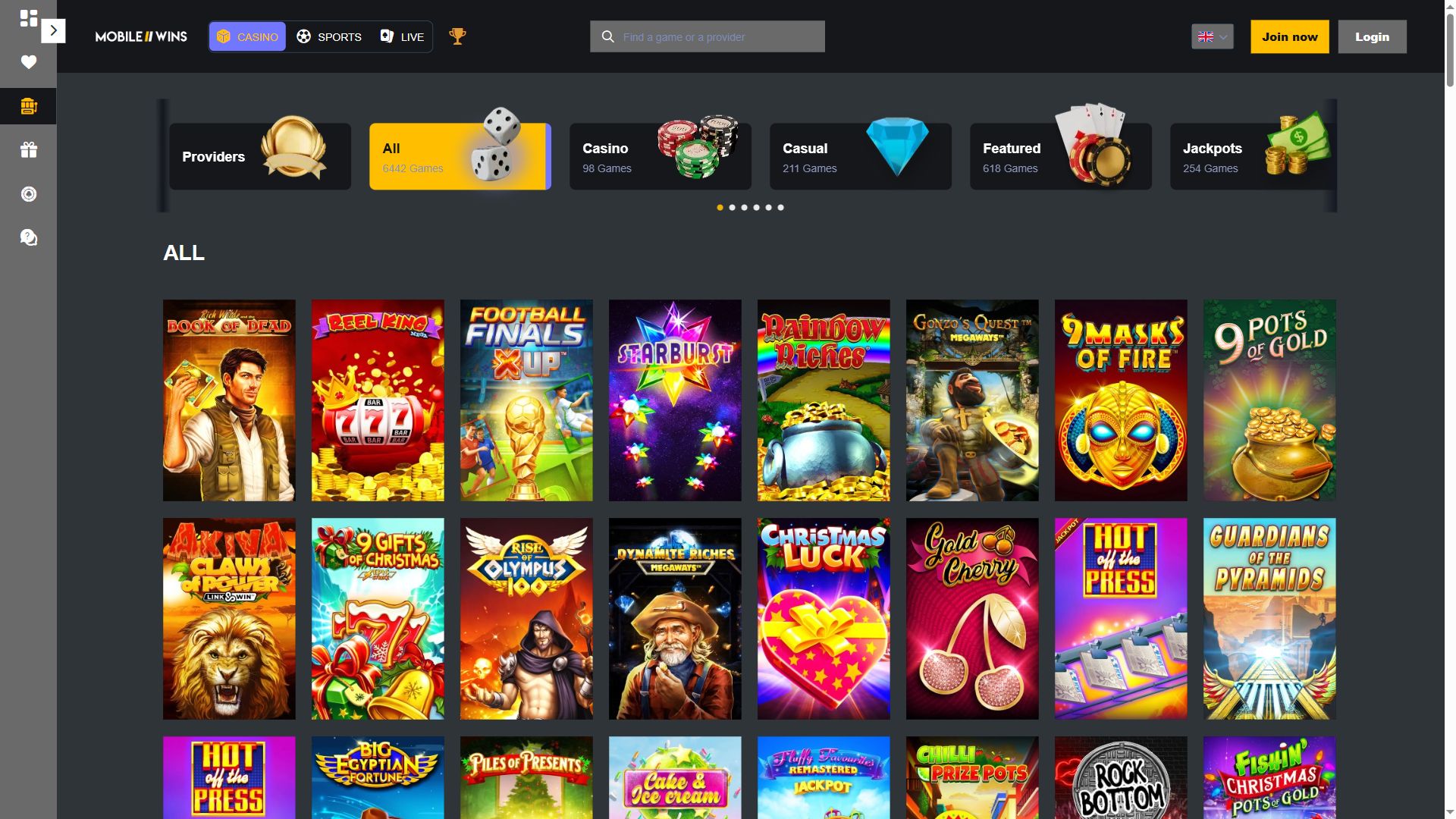 Mobilewins — Lobby (Desktop)