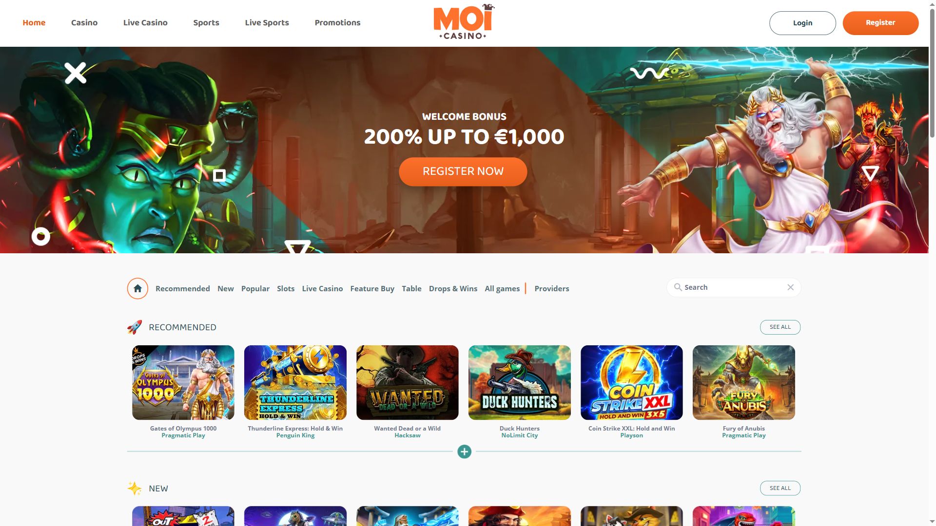 MoiCasino — Startseite (Desktop)
