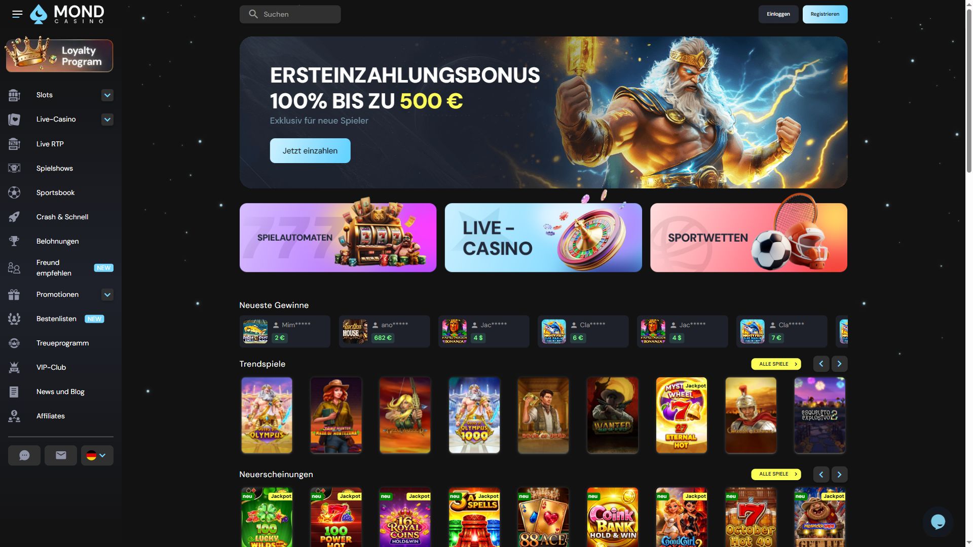Mond Casino — Startseite (Desktop)
