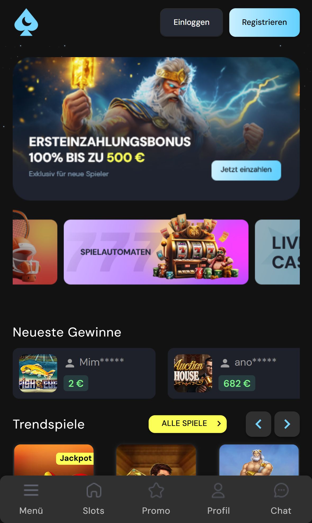 Mond Casino — Startseite (Mobil)