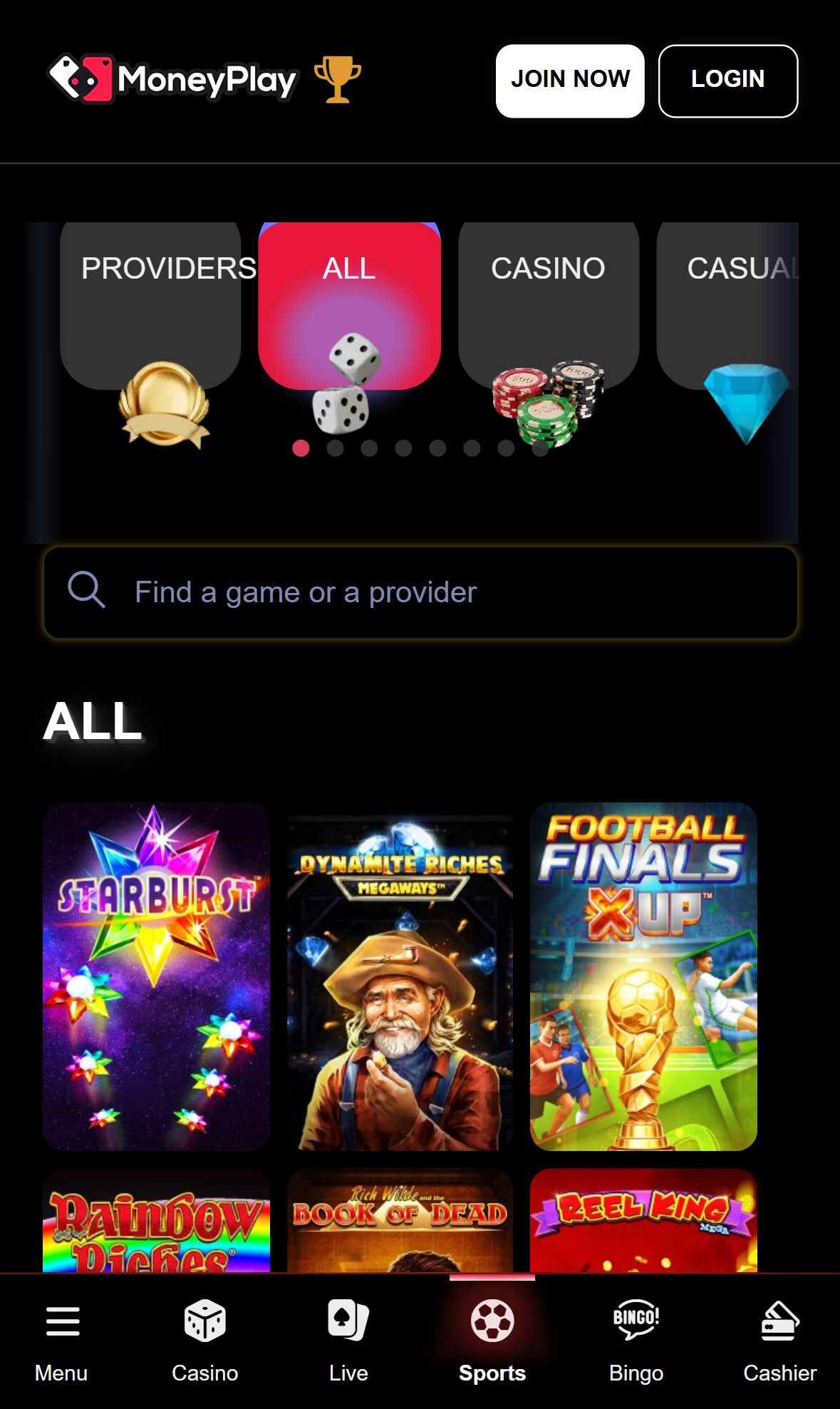 MoneyPlay — Lobby (Mobile)