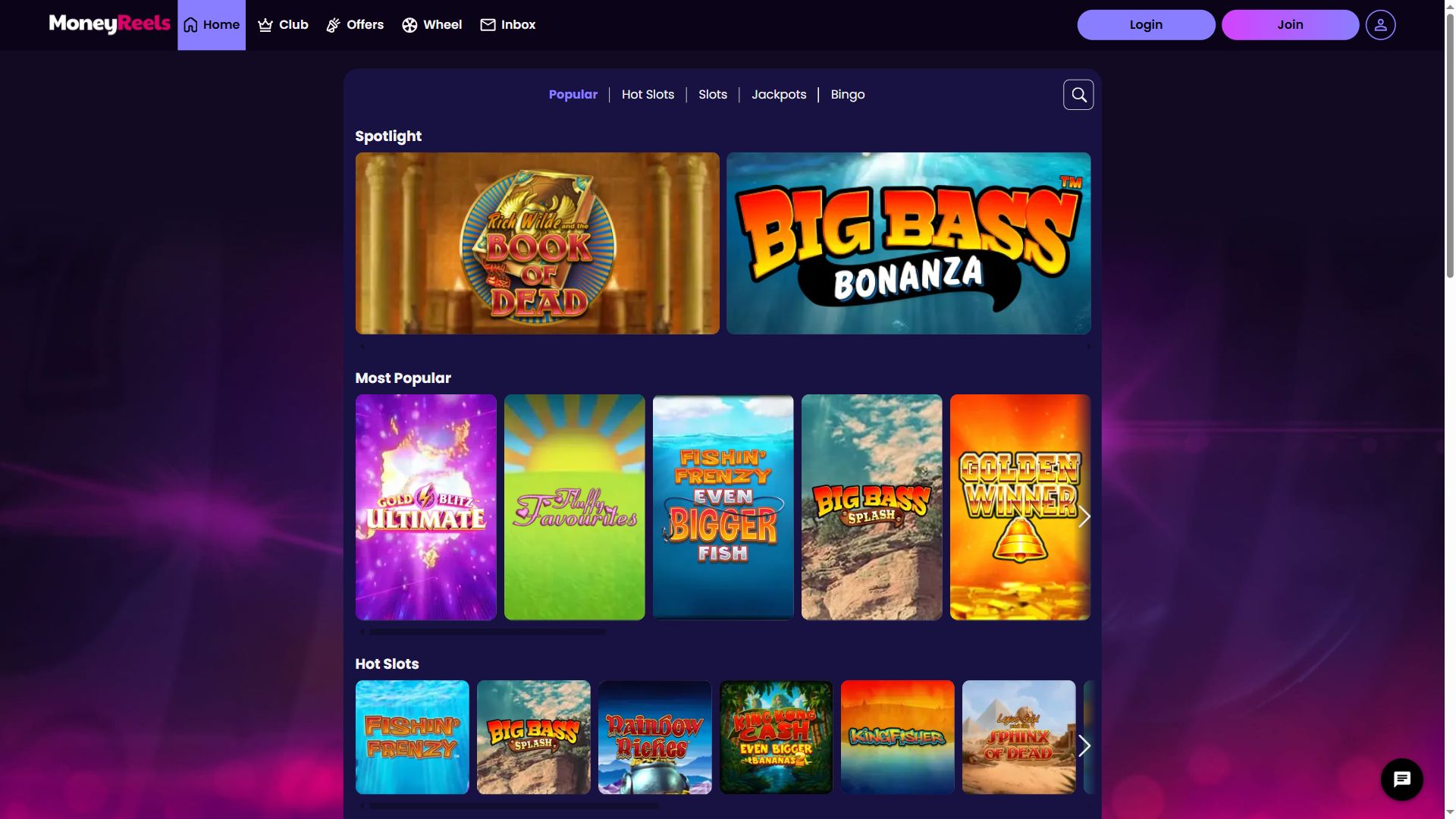 Money Reels — Lobby (Desktop)
