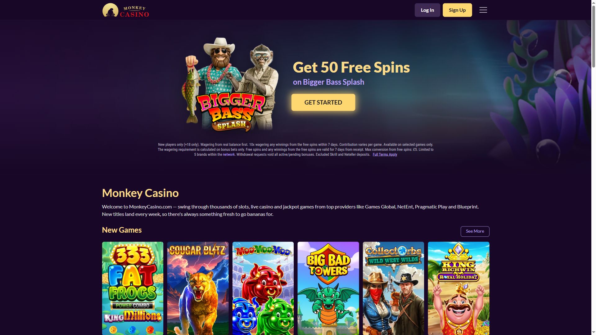 Monkey Casino — Homepage (Desktop)