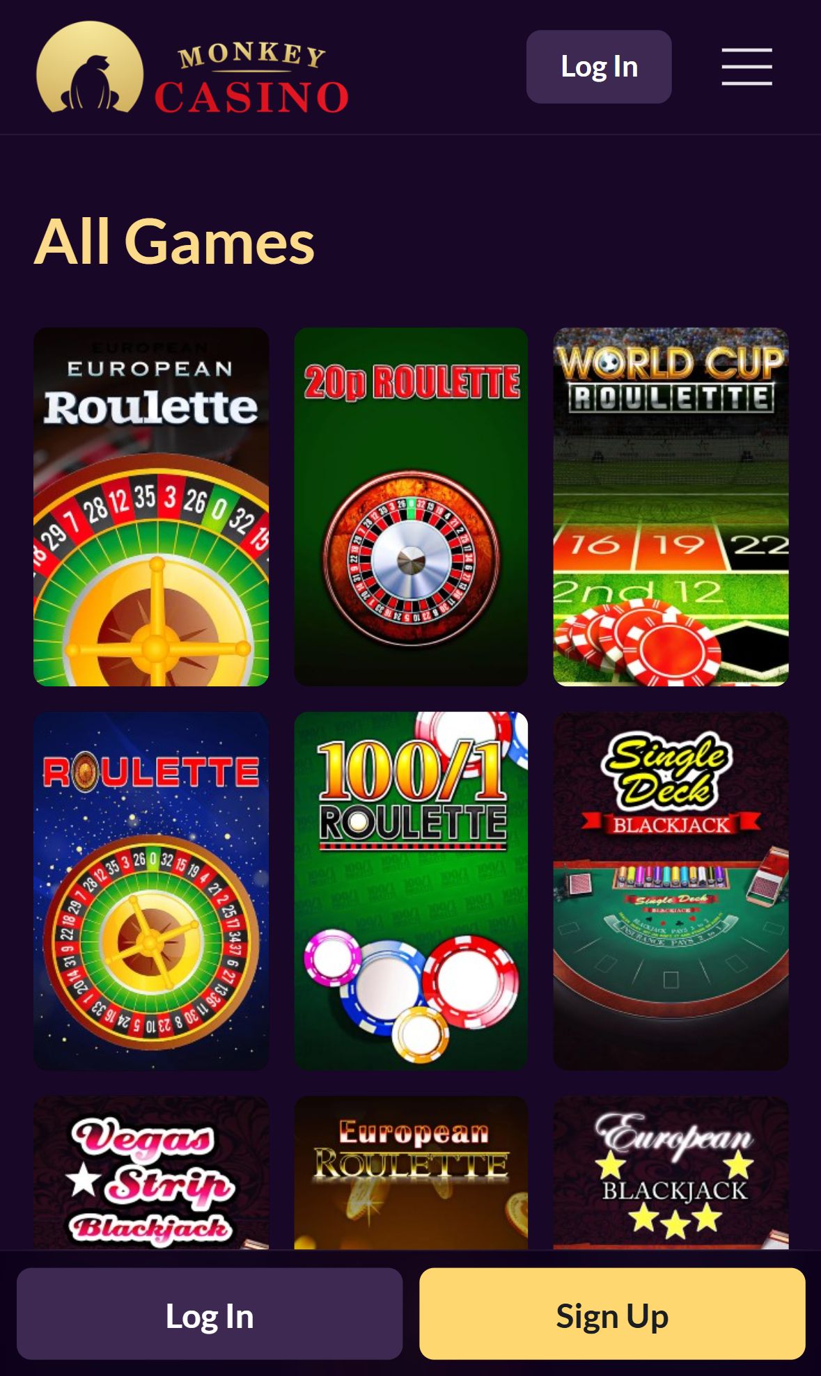 Monkey Casino — Lobby (Mobile)