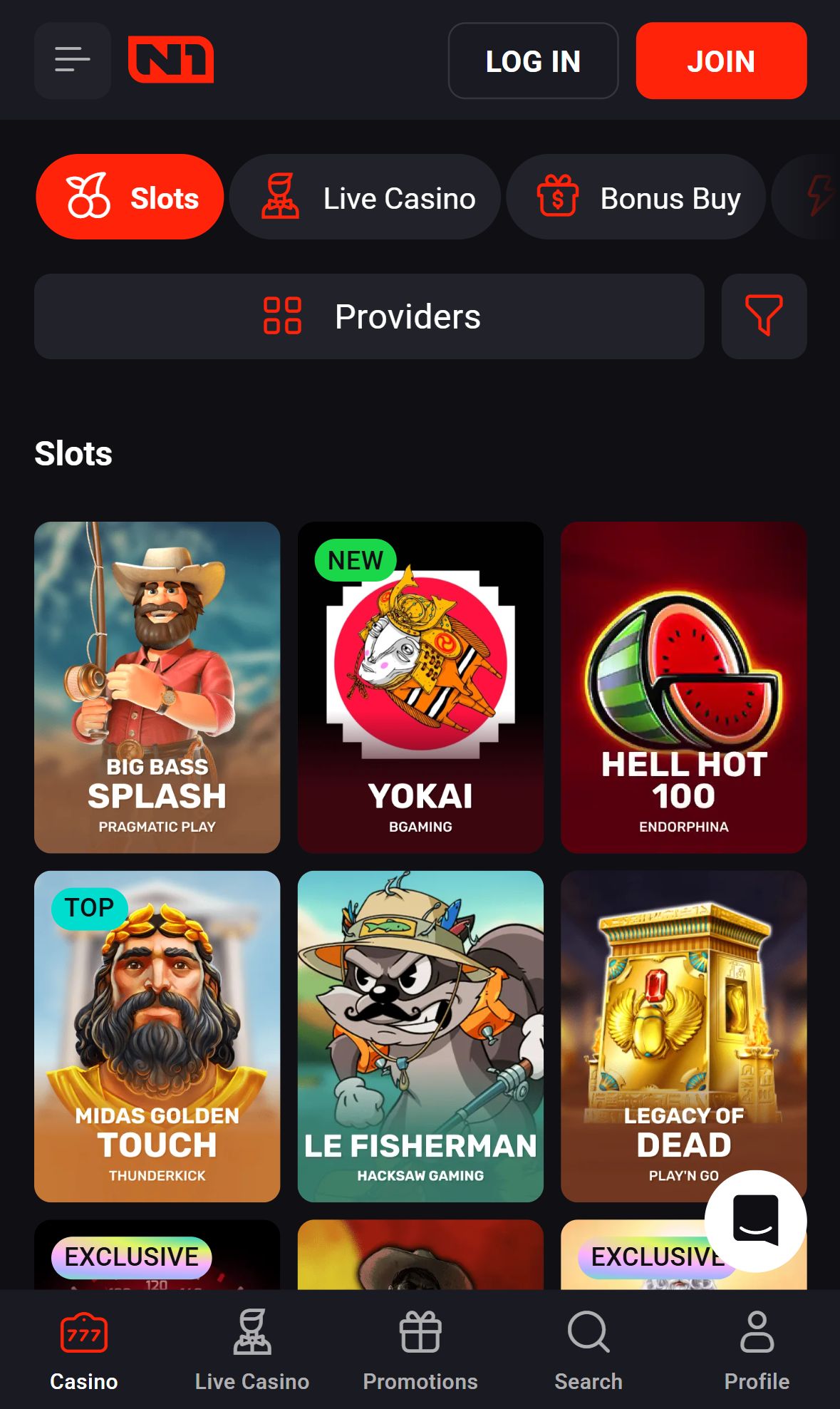 N1Casino — Lobby (Mobile)
