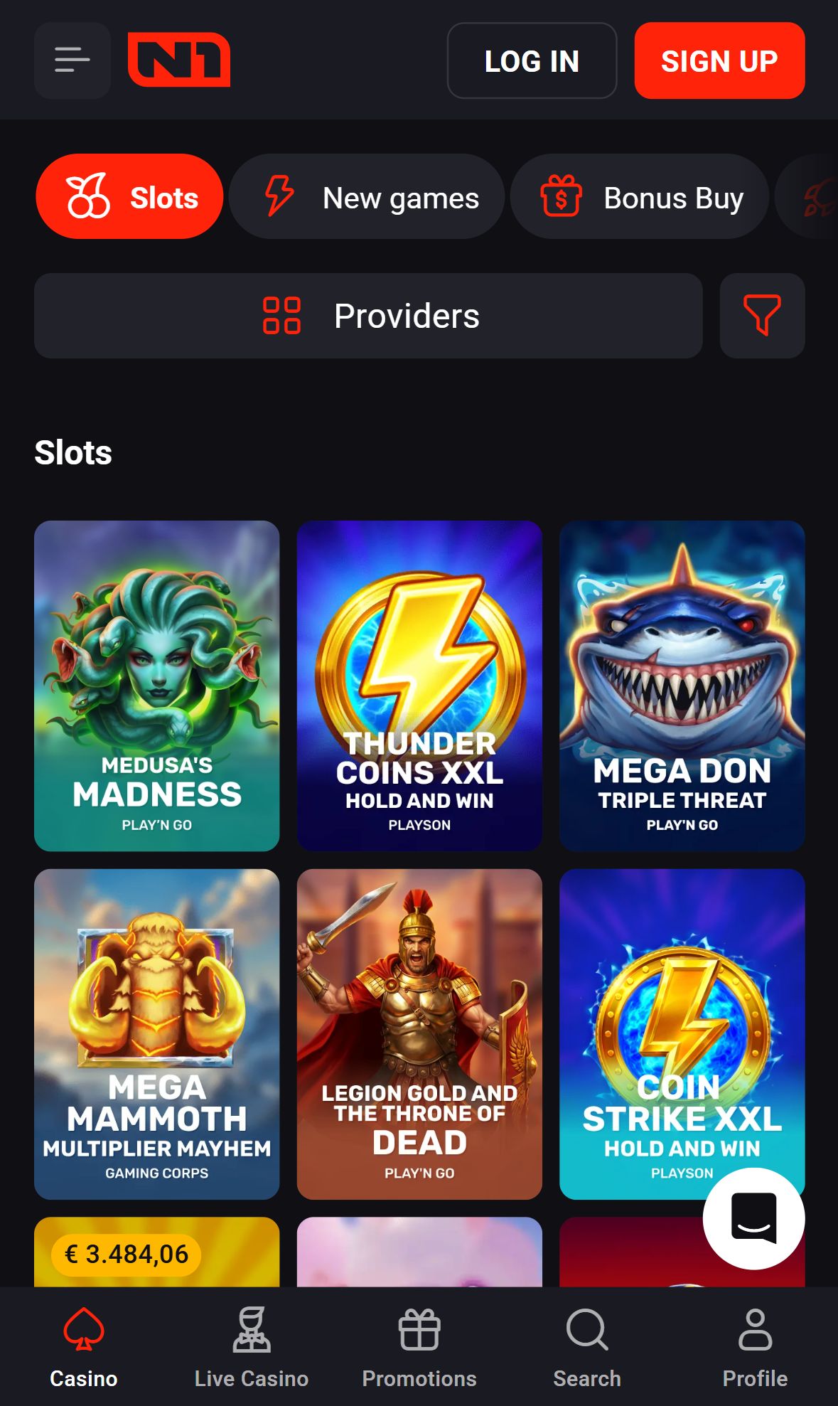 N1 Casino — Lobby (Mobile)