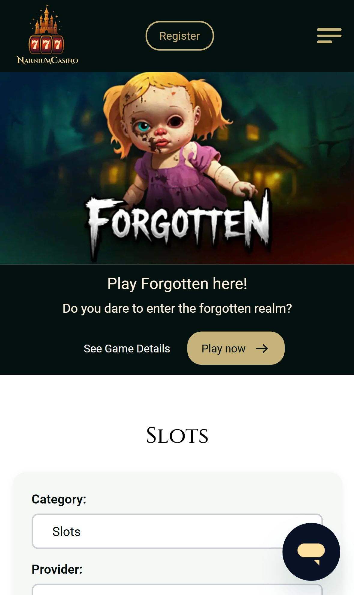 Narnium Casino — Lobby (Mobile)