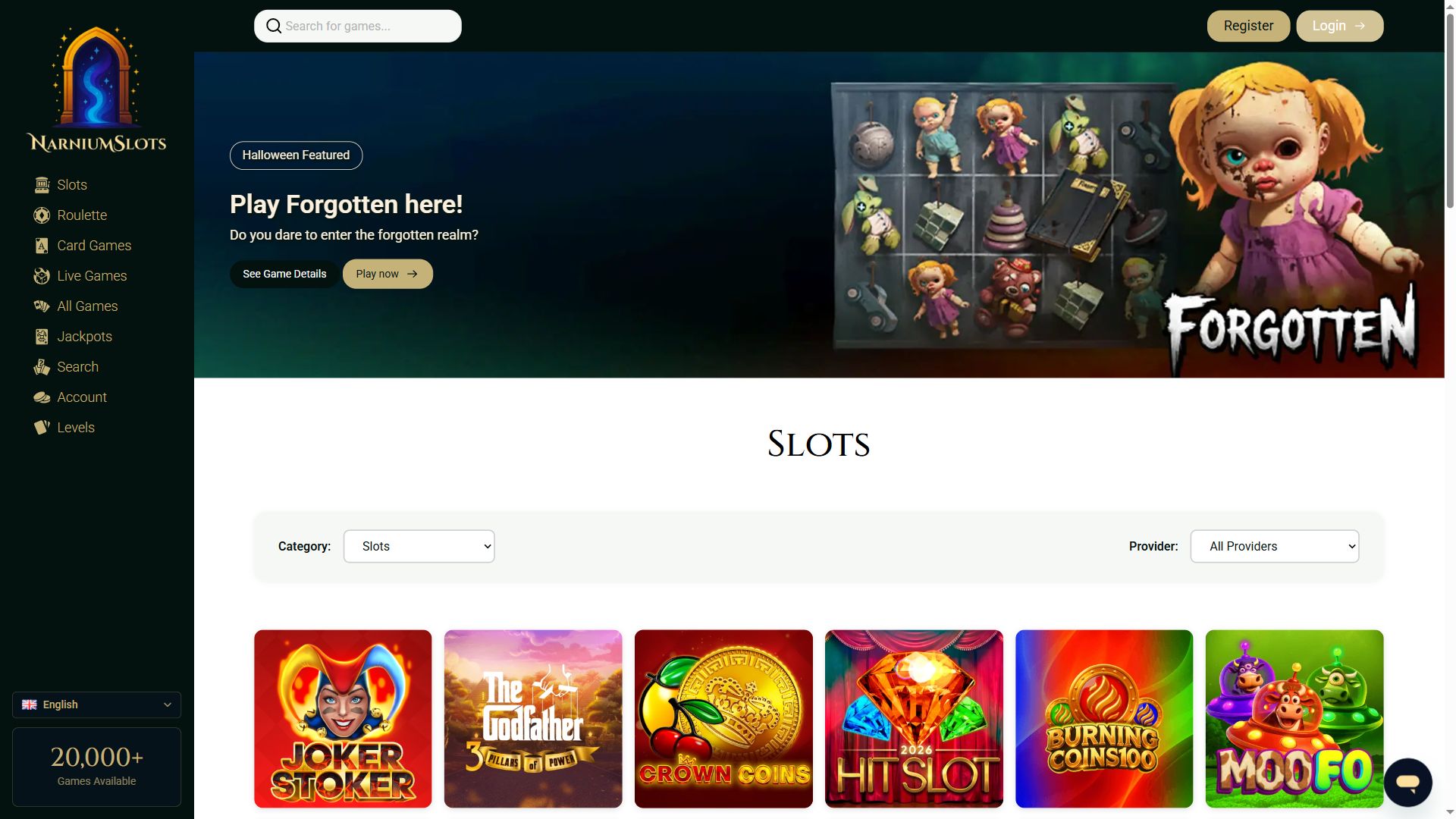 Narnium Slots — Lobby (Desktop)