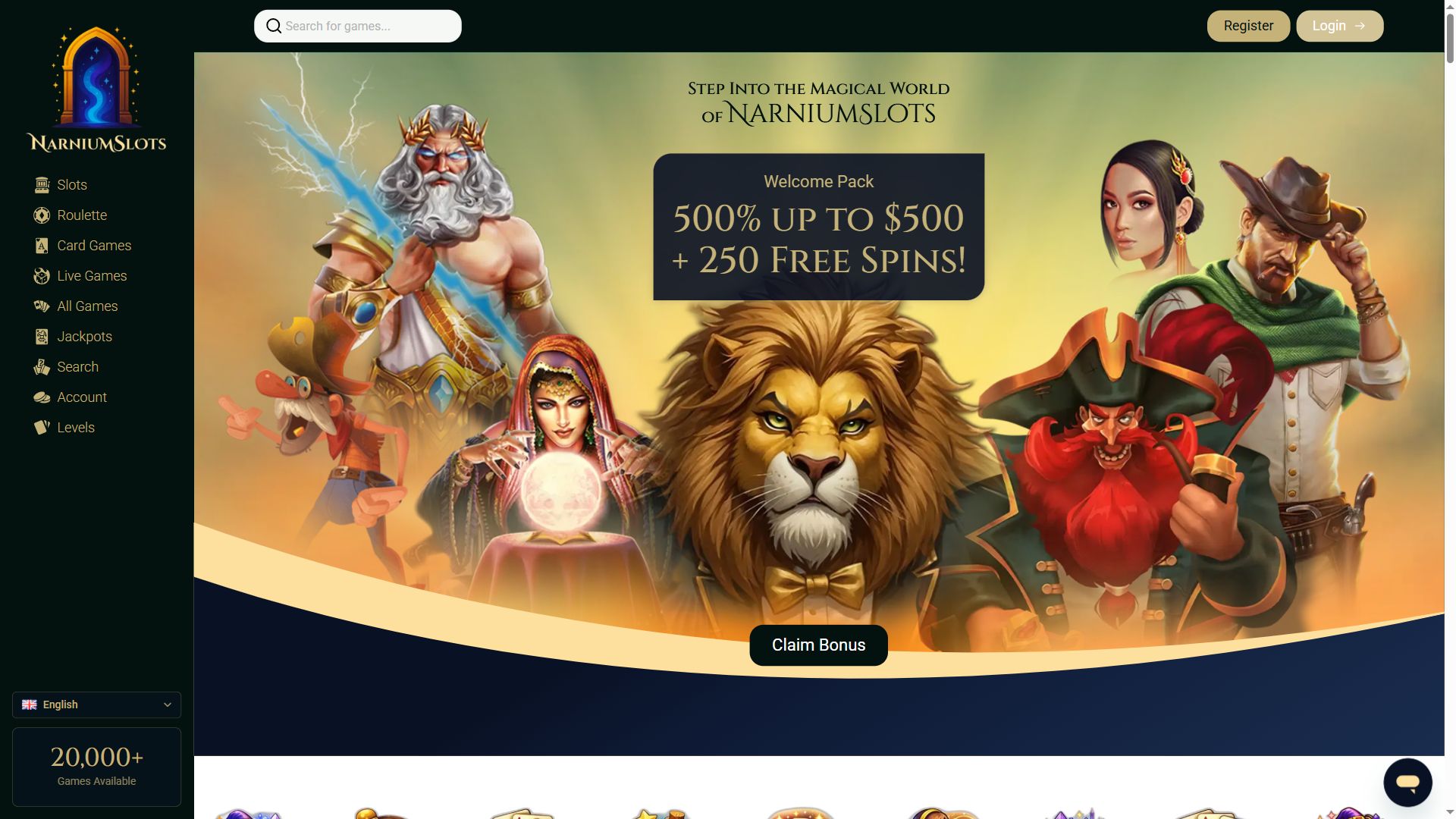 Narnium Slots — Homepage (Desktop)