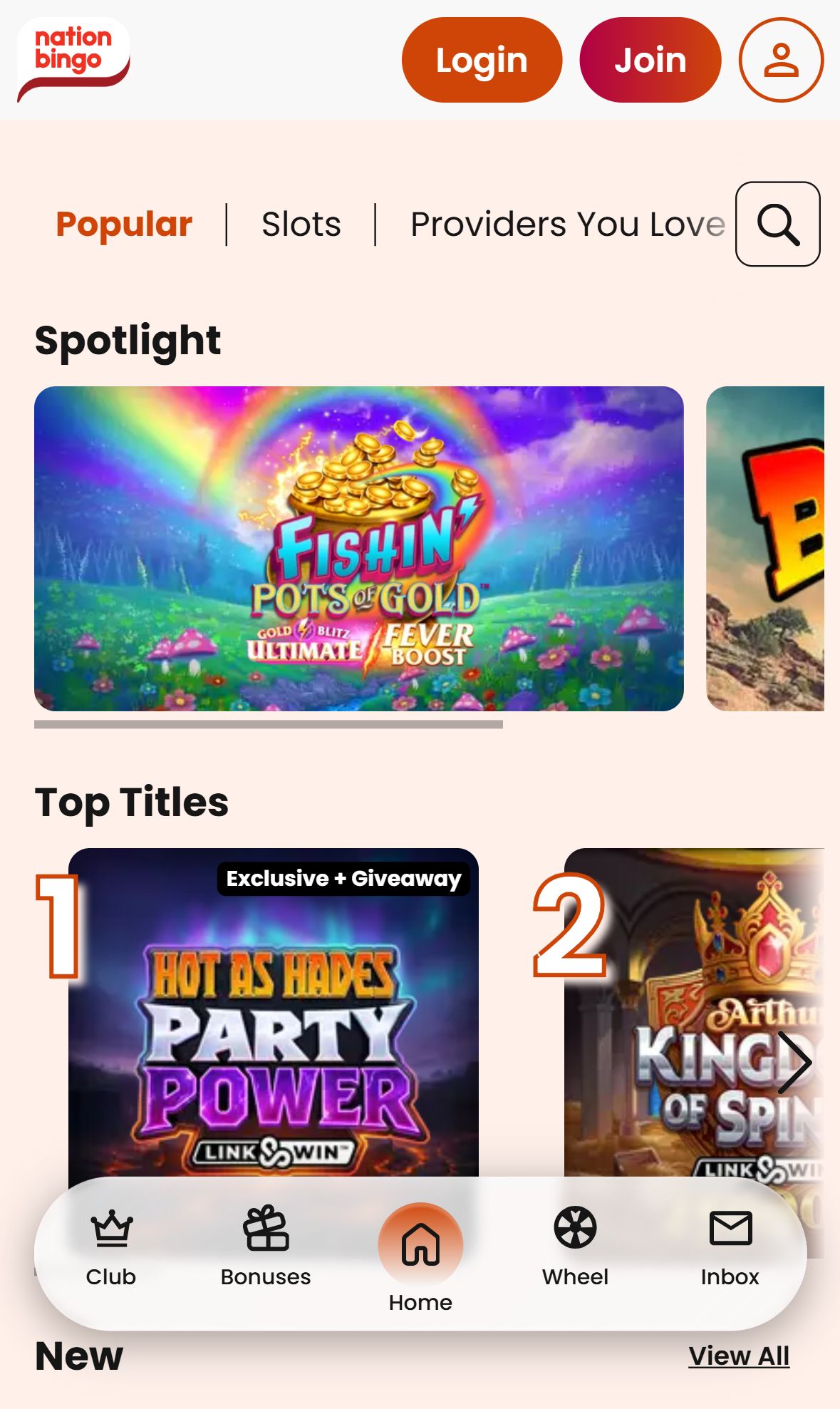 Nation Bingo — Lobby (Mobile)