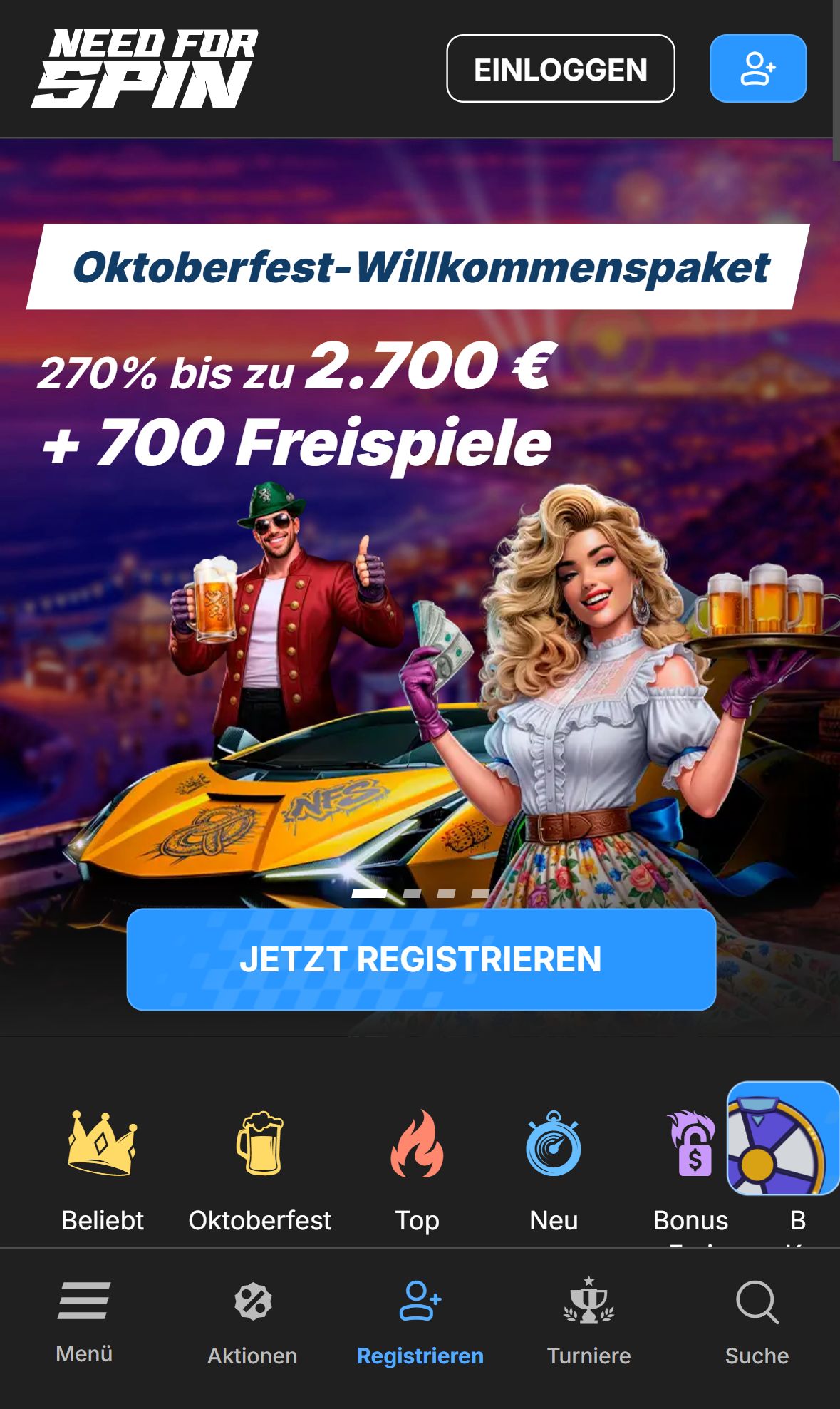 Need for Spin — Startseite (Mobil)