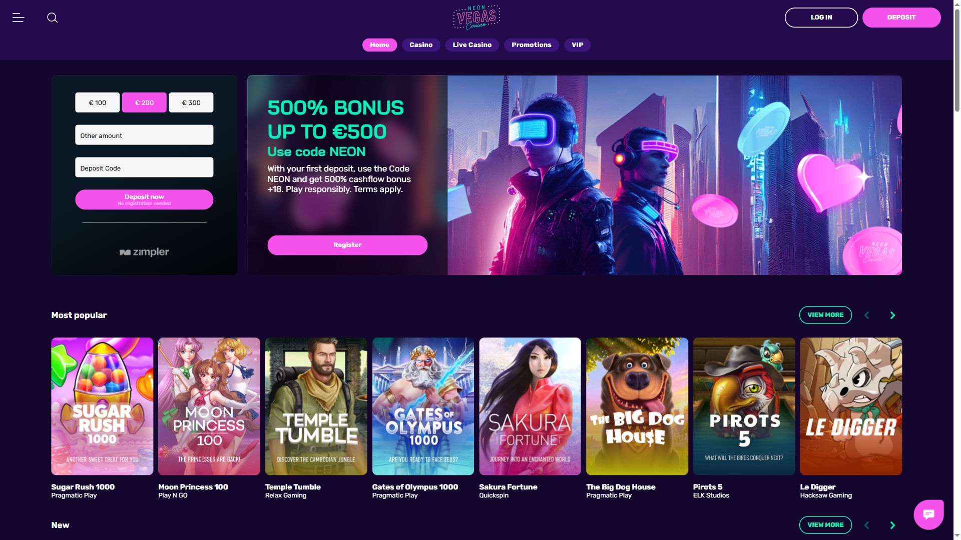 NeonVegas — Homepage (Desktop)