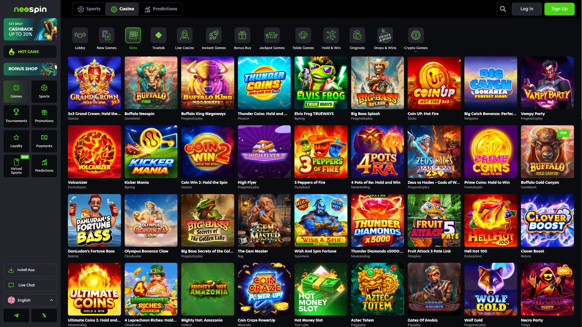 Neospin — Lobby (Desktop)