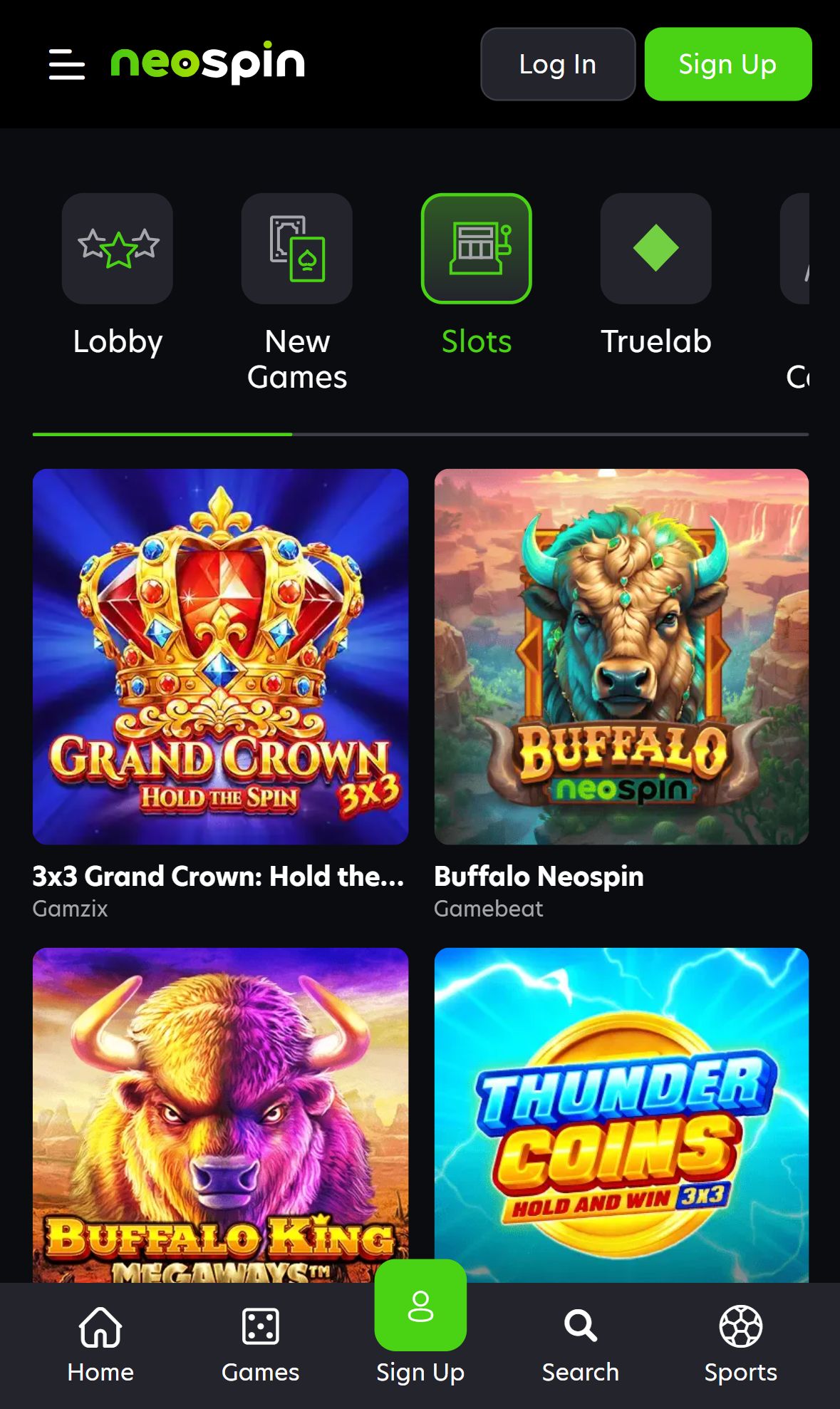 Neospin — Lobby (Mobile)