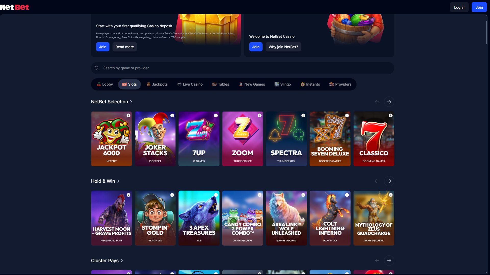 Netbet — Lobby (Desktop)