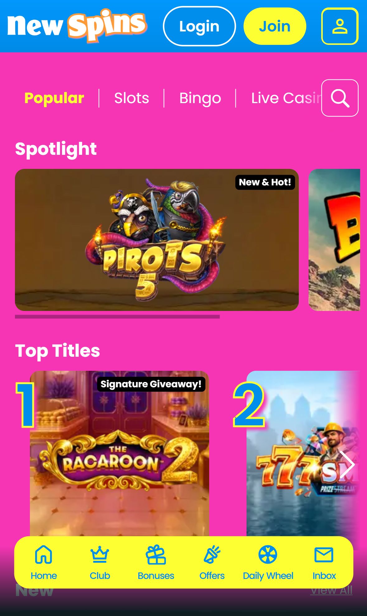 New Spins — Lobby (Mobile)
