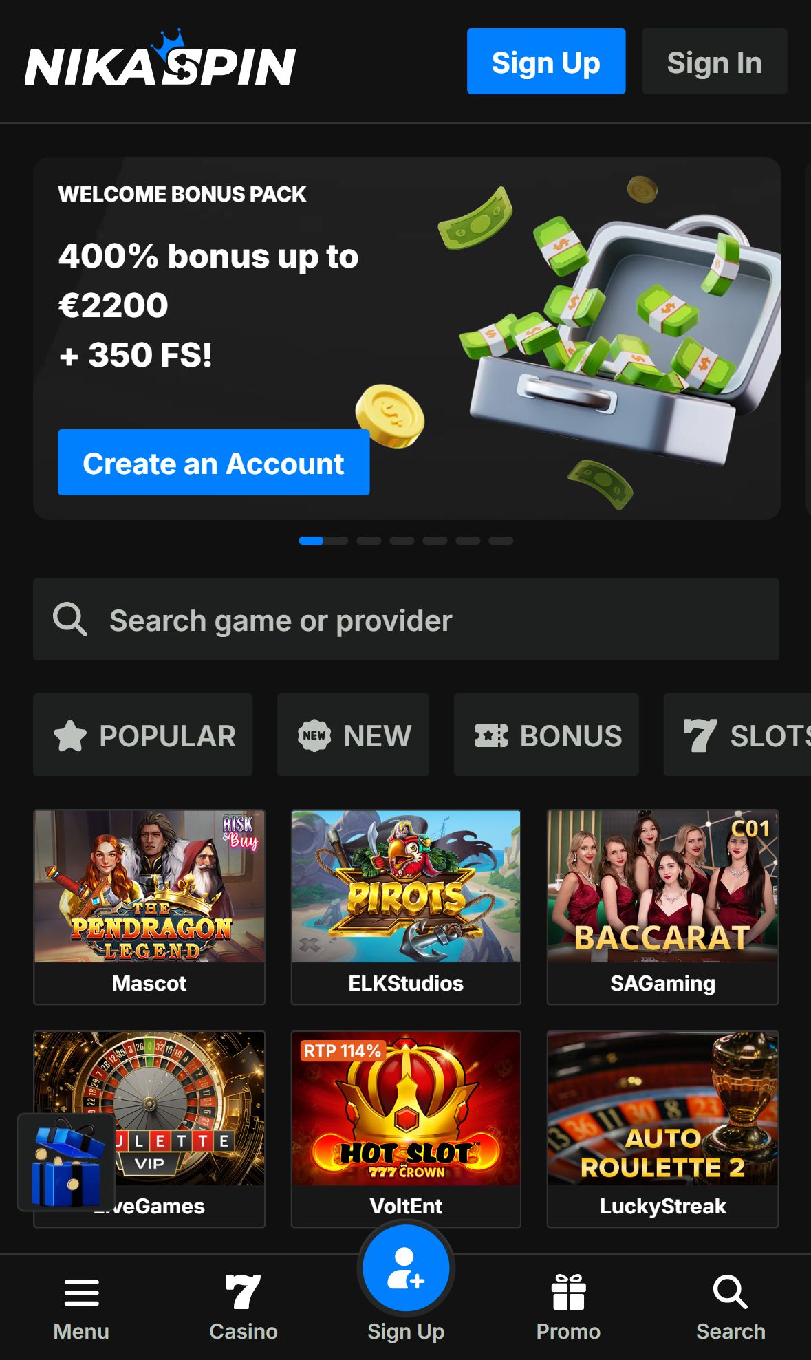 Nikaspin — Lobby (Mobile)