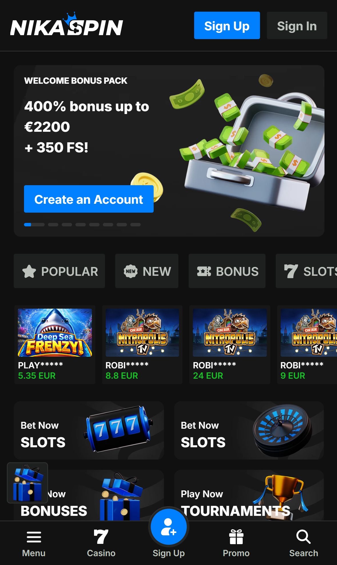 Nikaspin — Homepage (Mobile)