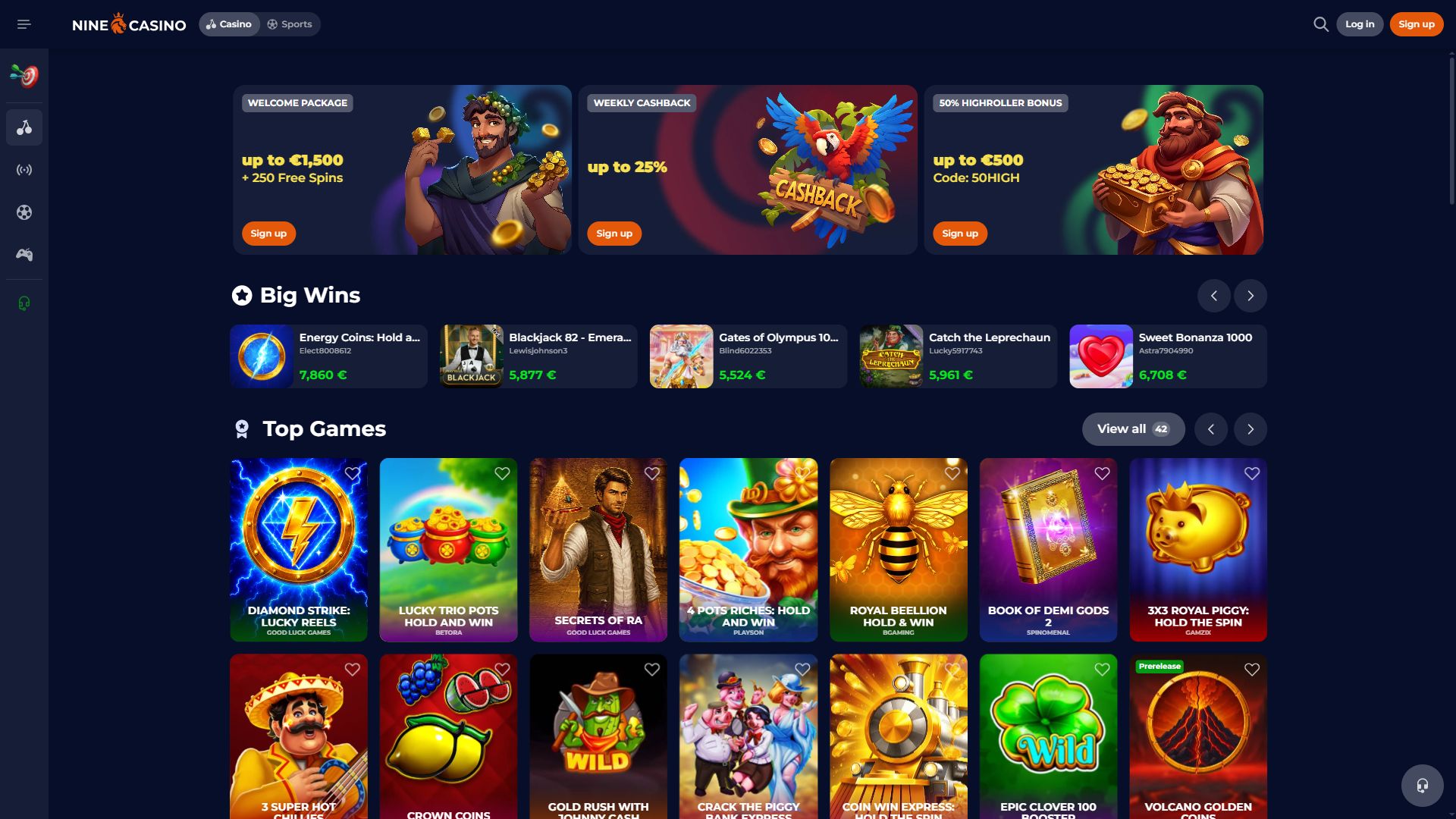 NineCasino — Lobby (Desktop)