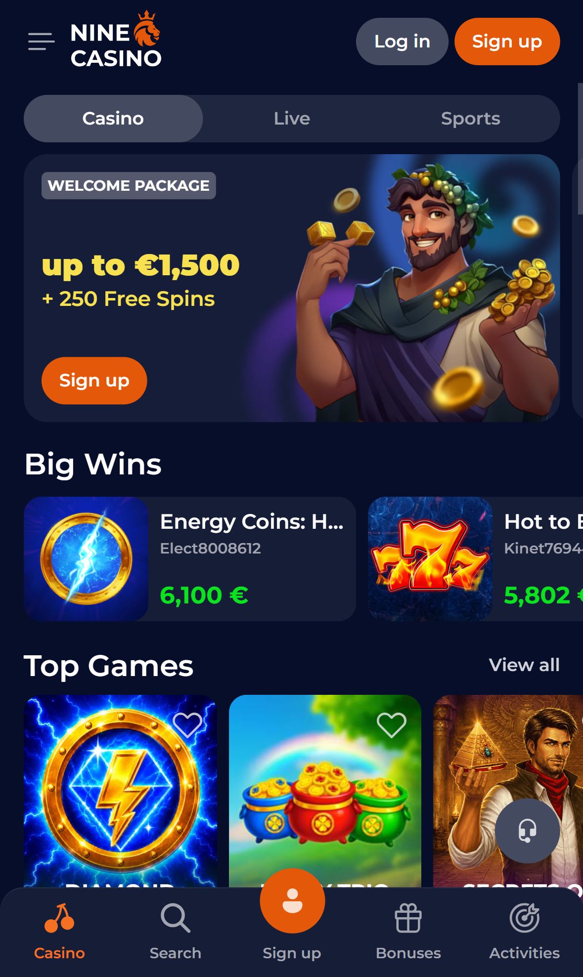 NineCasino — Lobby (Mobile)