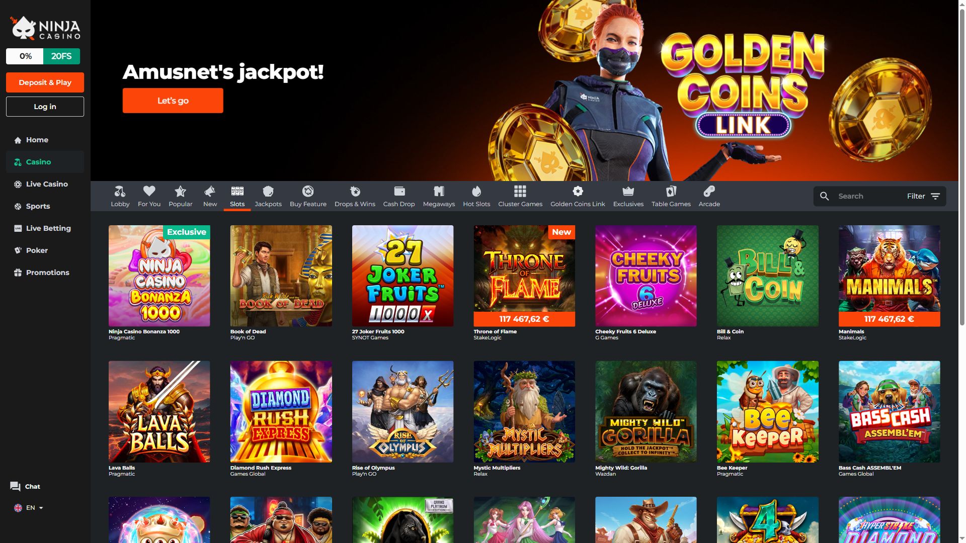 Ninja Casino — Lobby (Desktop)