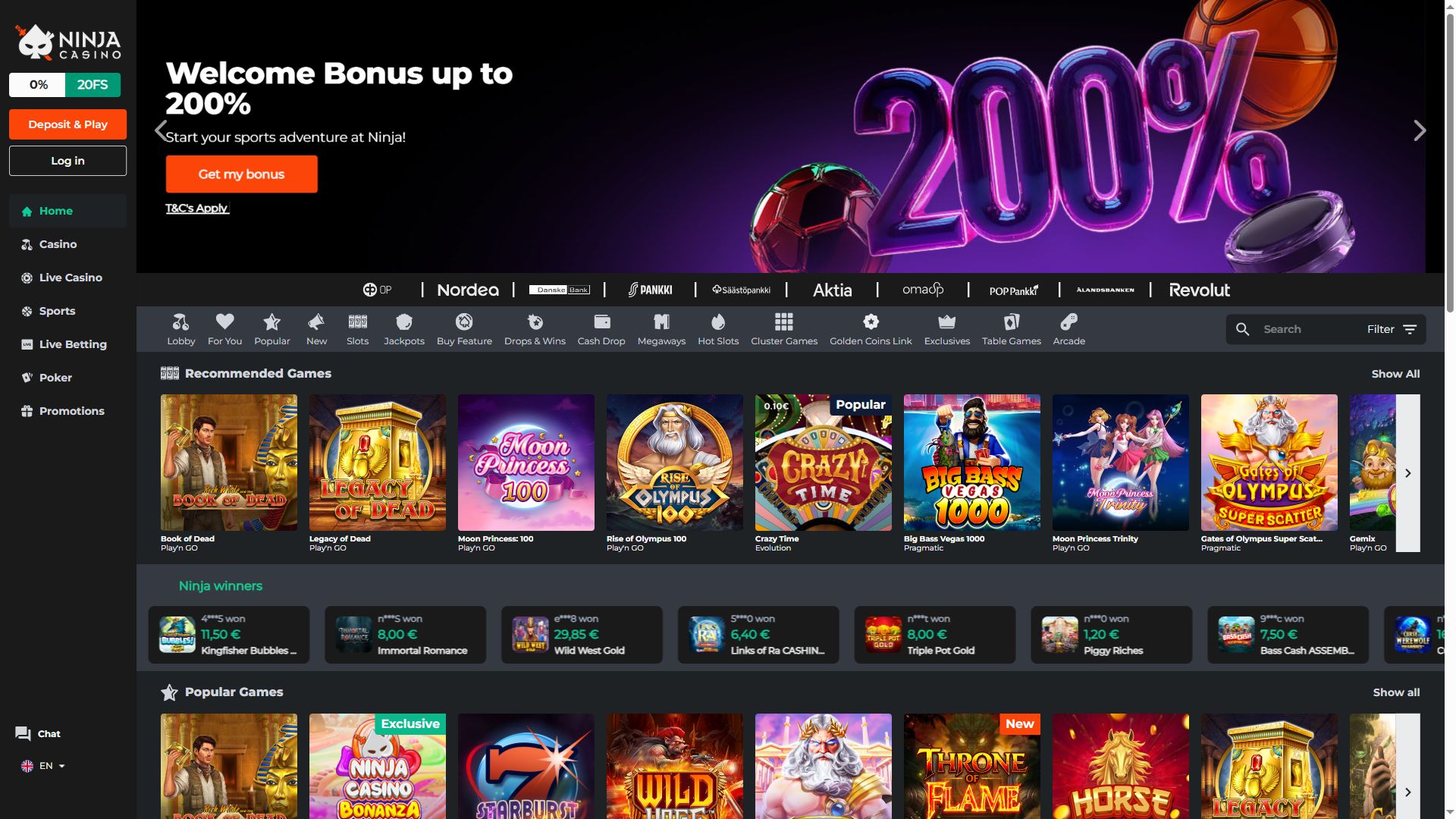 Ninja Casino — Homepage (Desktop)