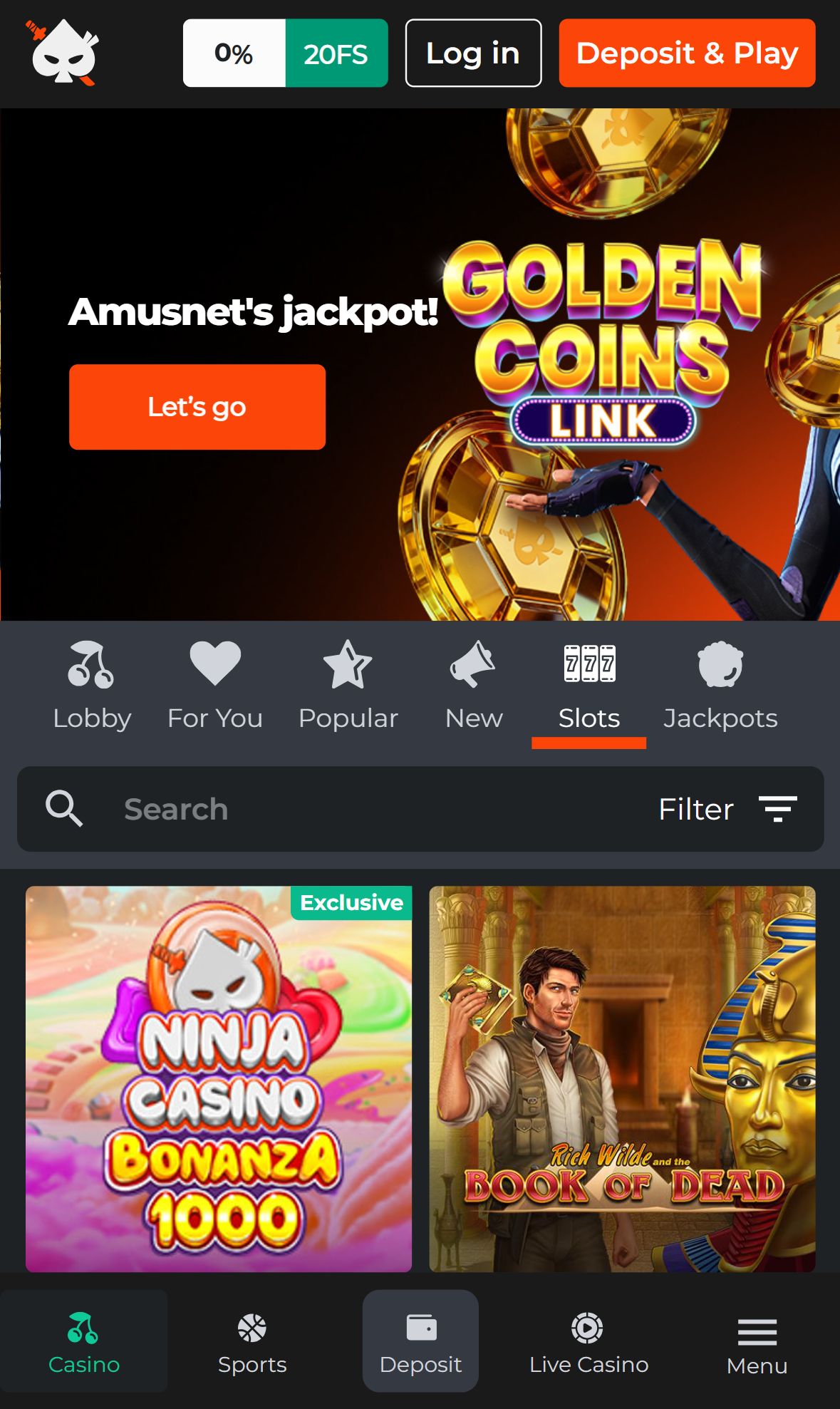 Ninja Casino — Lobby (Mobile)