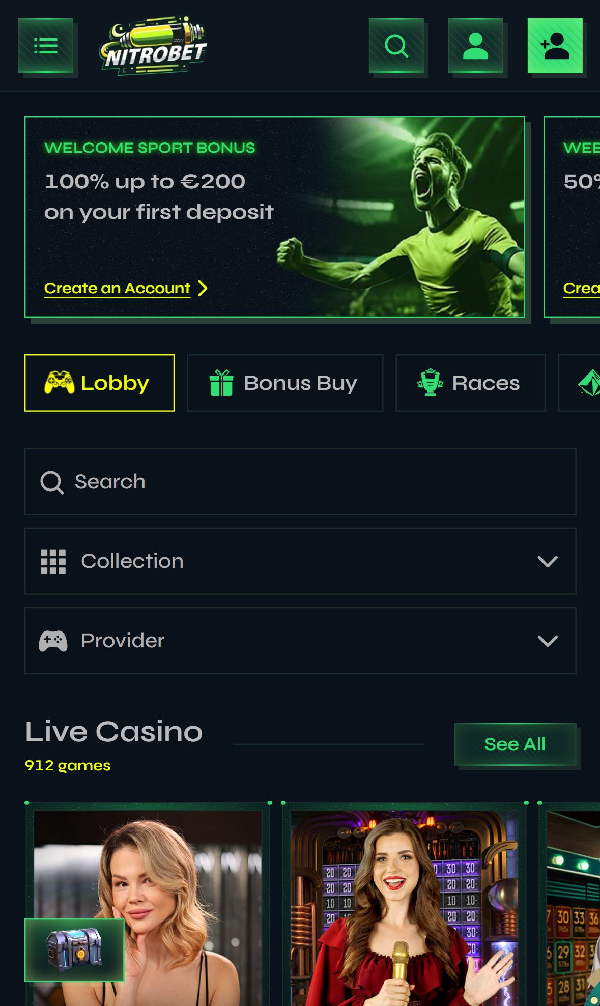 Nitrobet Casino — Lobby (Mobile)