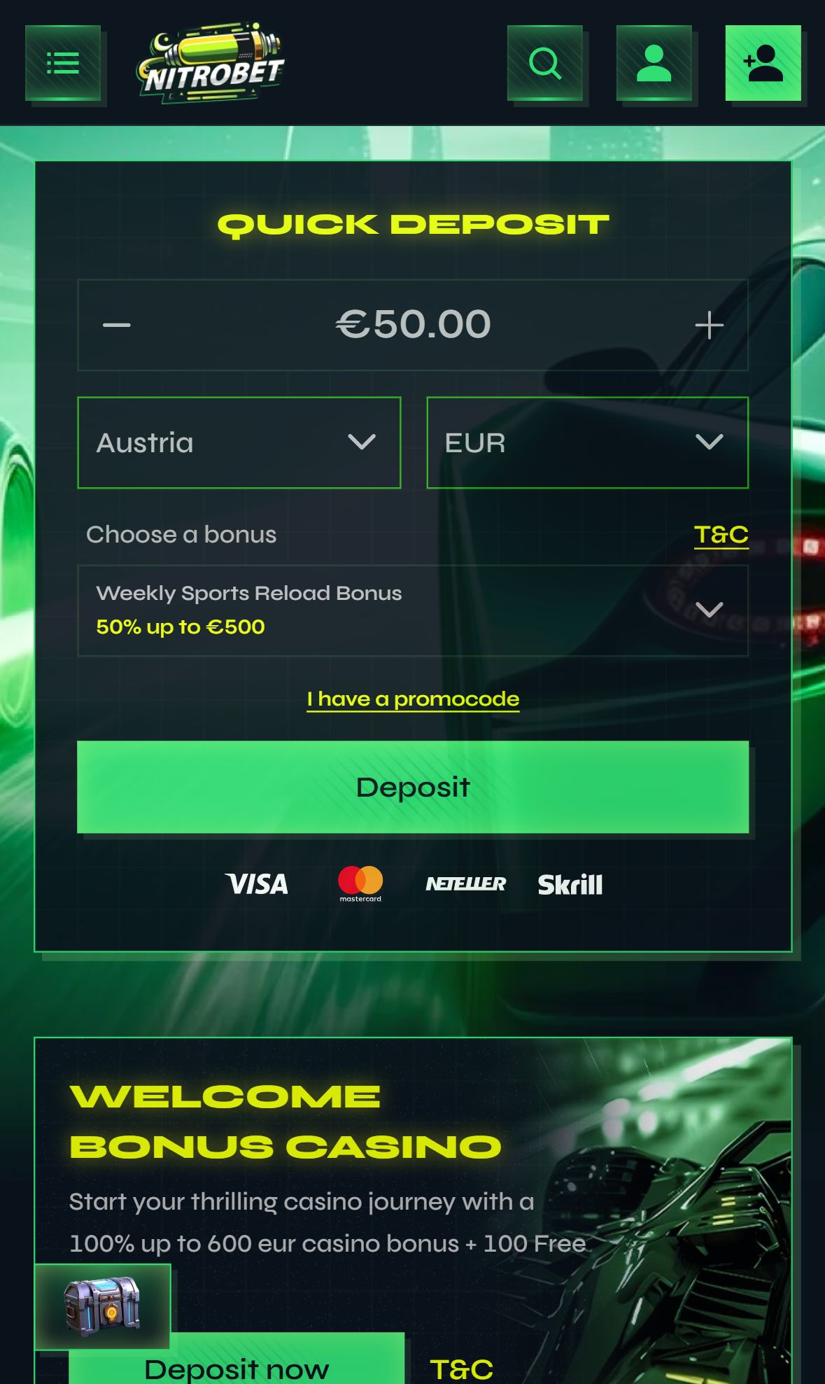 Nitrobet Casino — Homepage (Mobile)