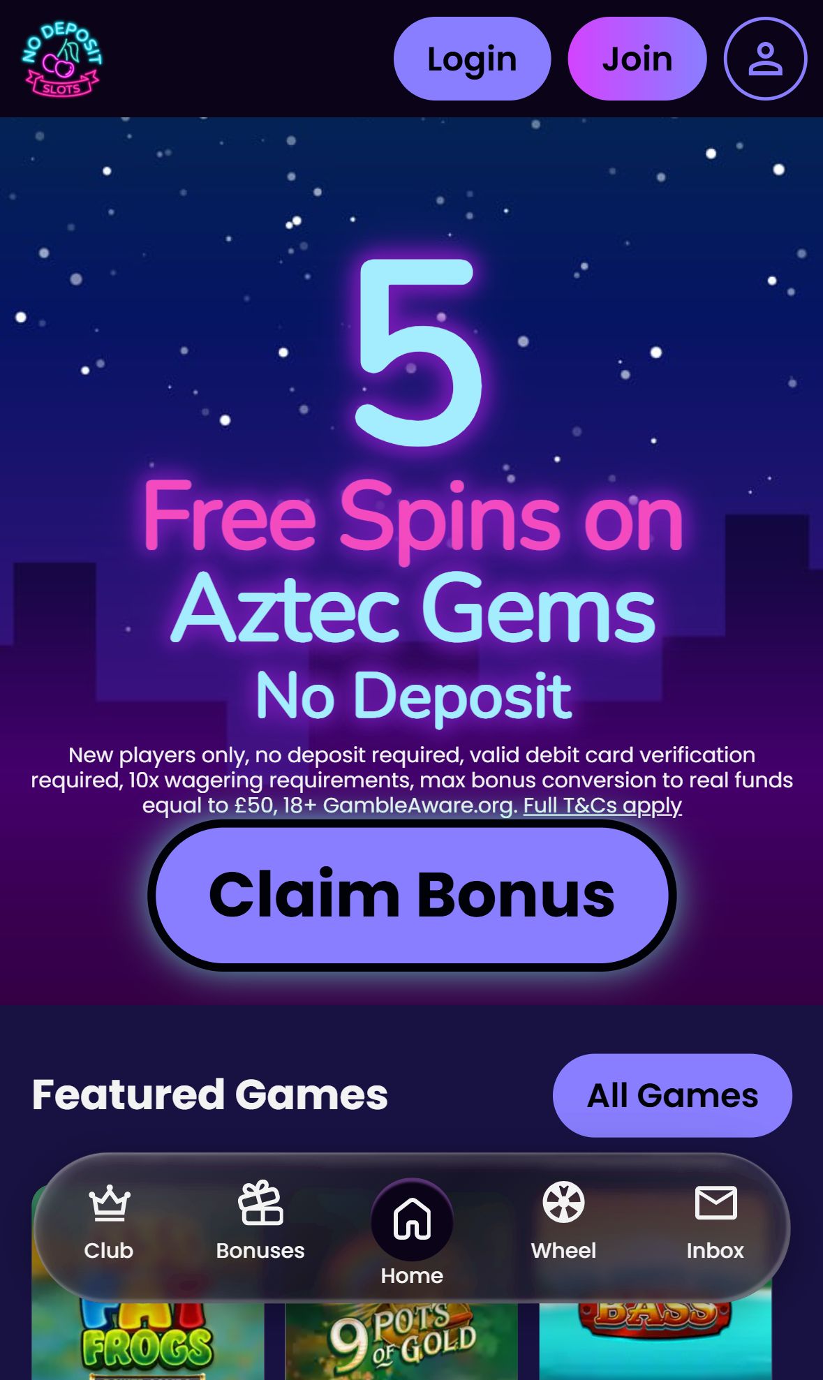 No Deposit Slots — Homepage (Mobile)