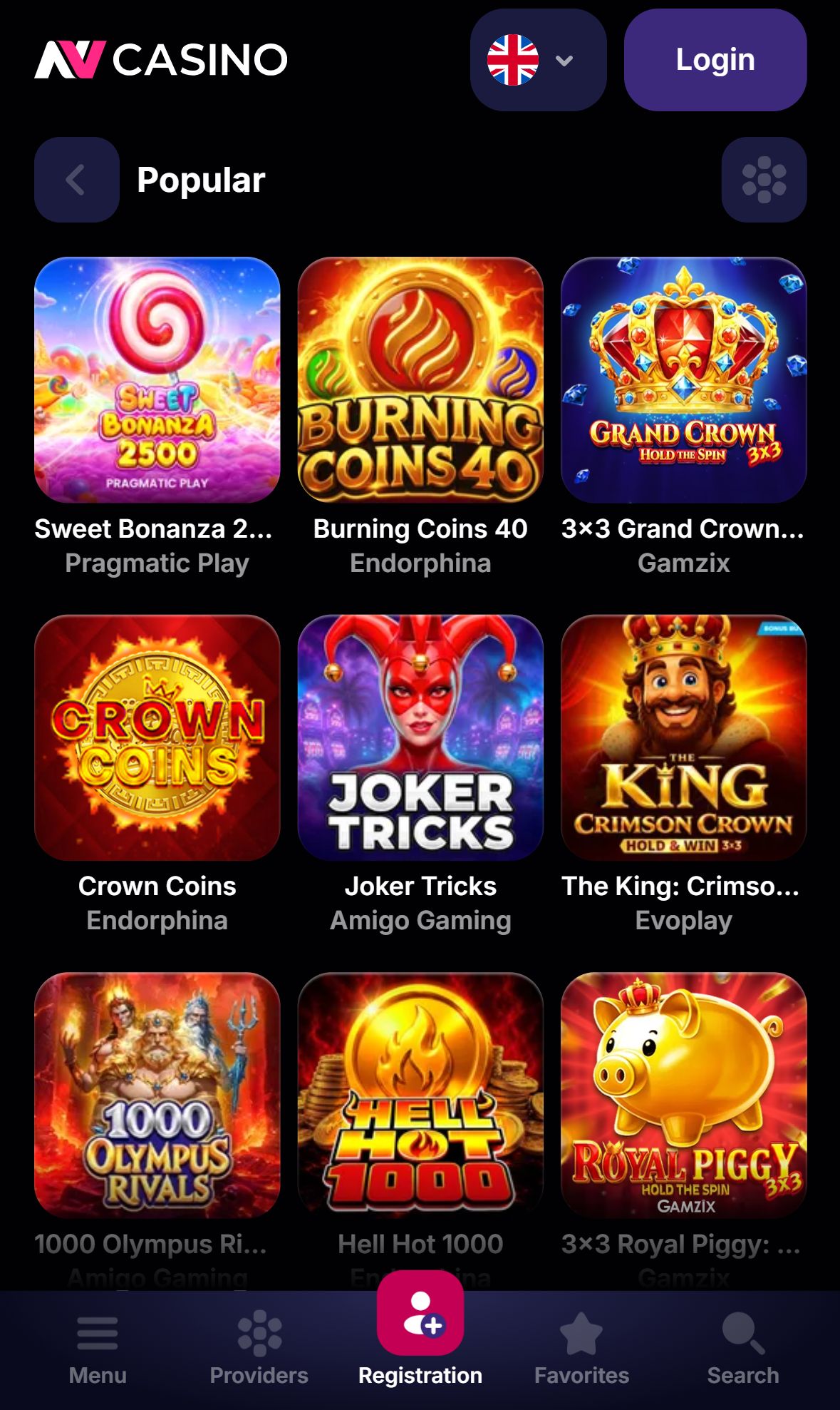 NV Casino — Lobby (Mobile)