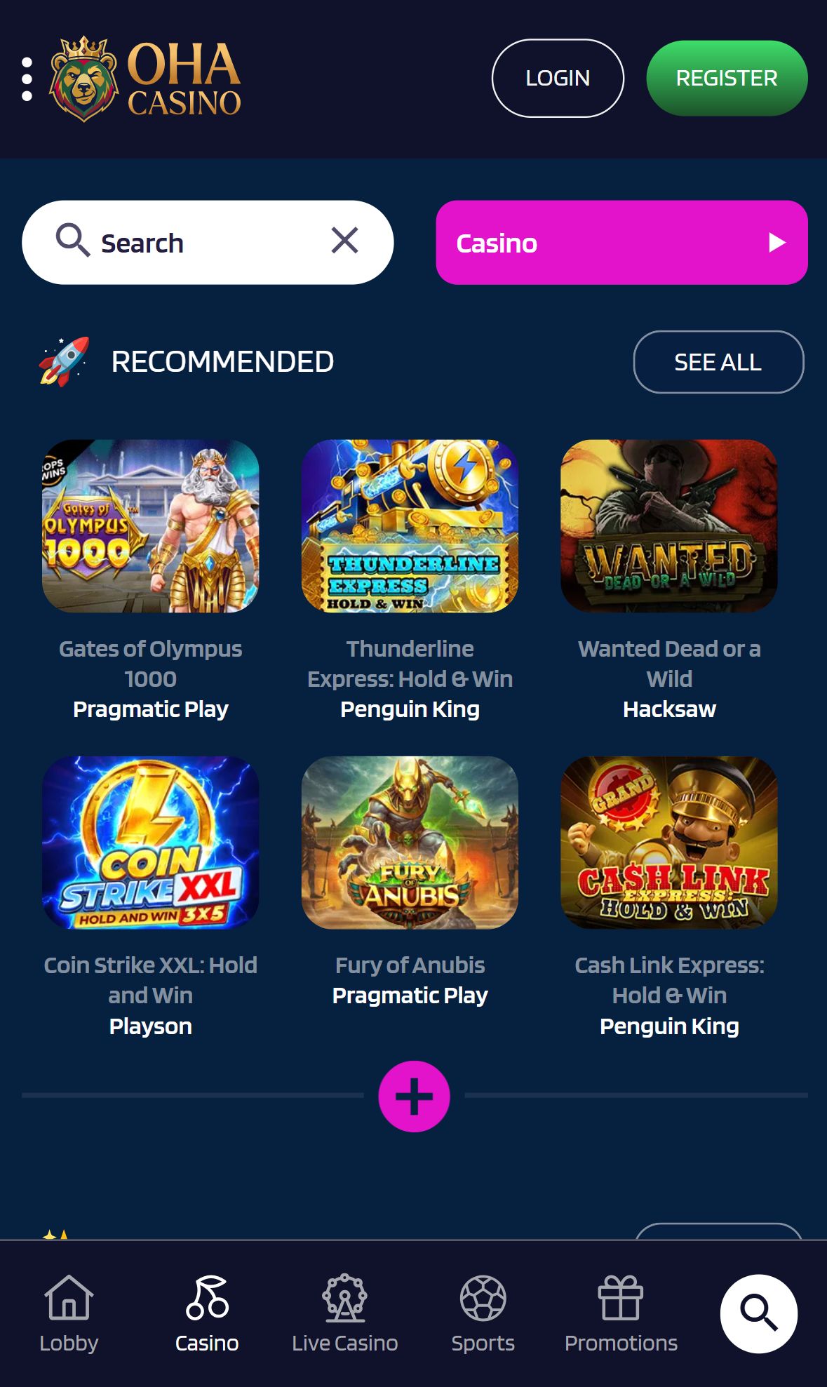 Ohacasino — Lobby (Mobile)