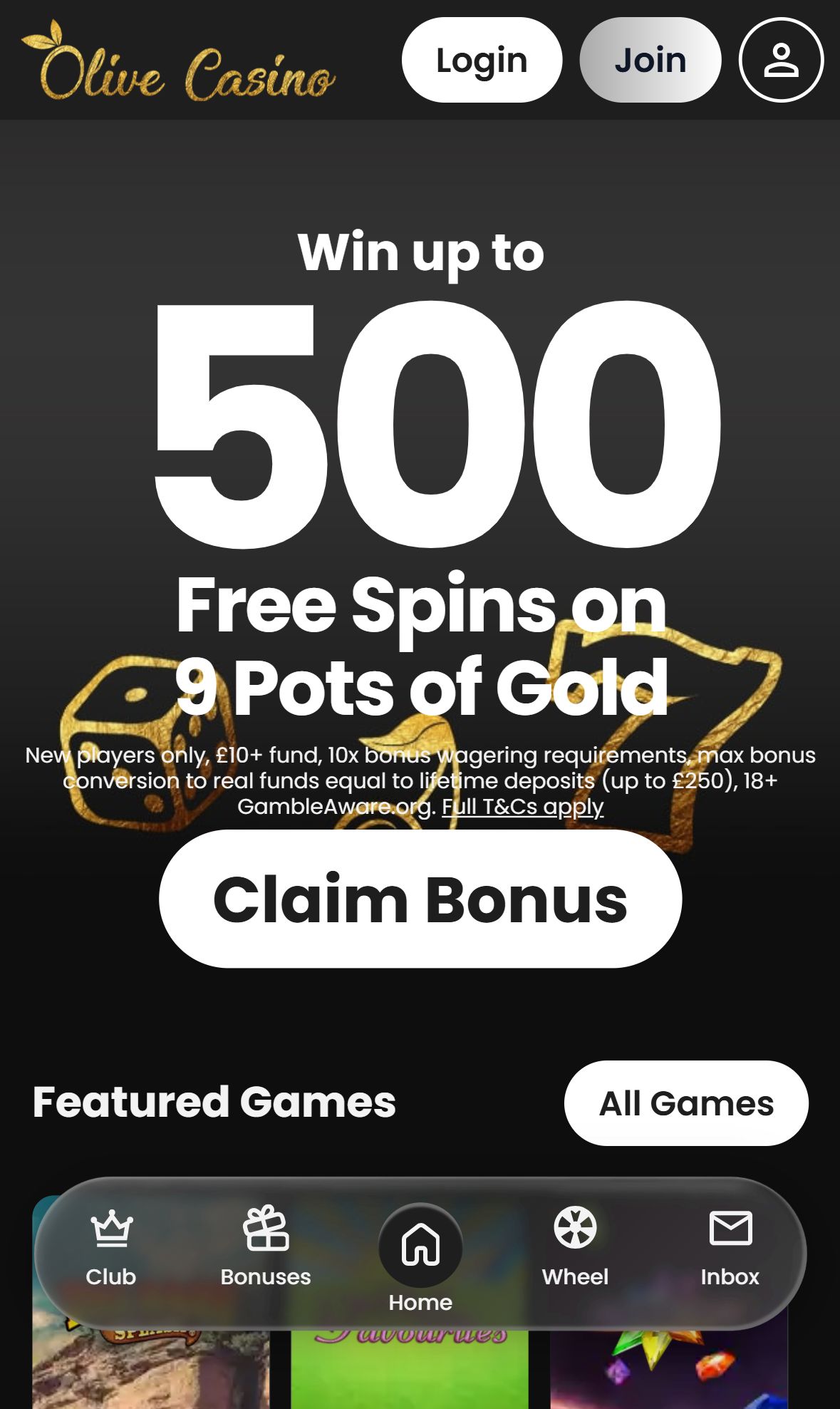 Olive Casino — Homepage (Mobile)