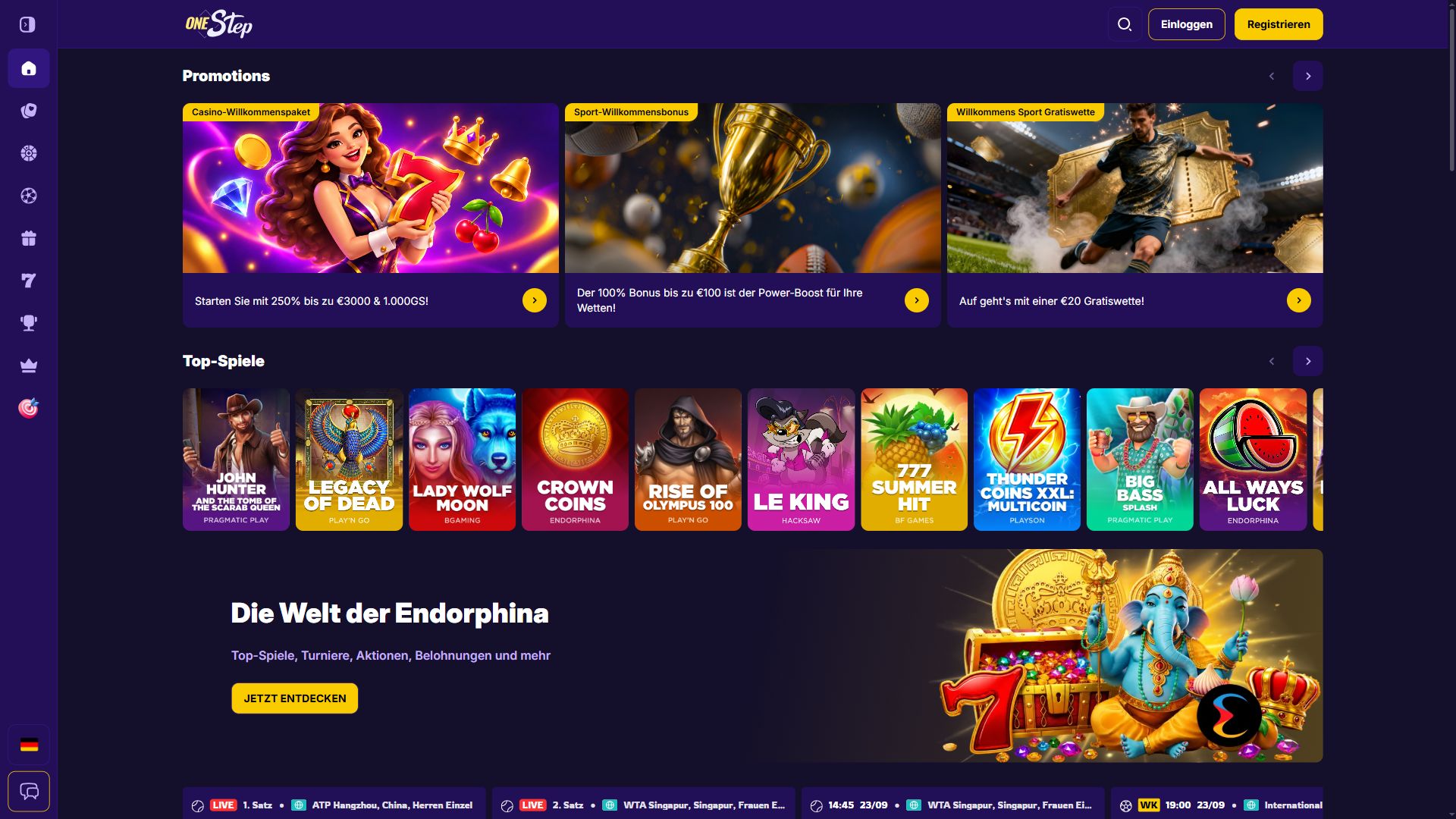 Onestep Casino — Startseite (Desktop)