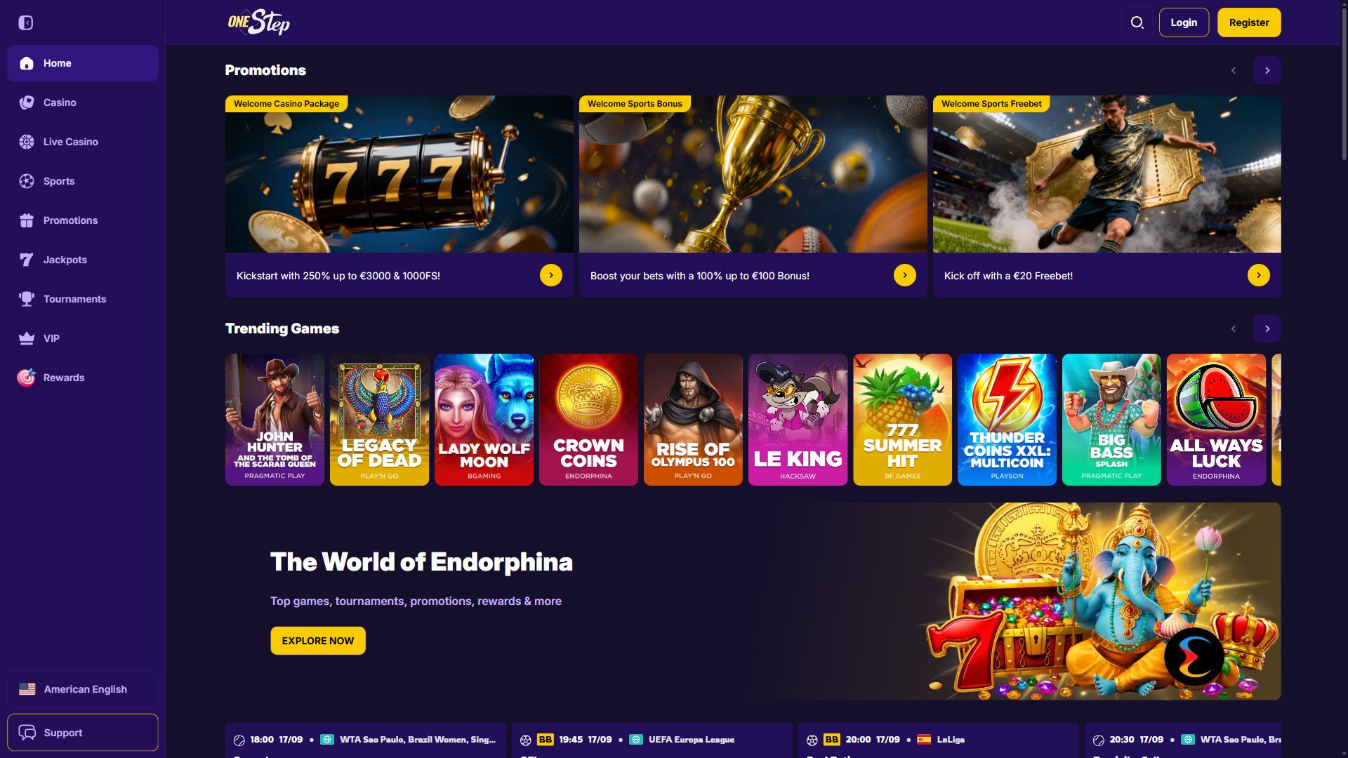 Onestep Casino — Homepage (Desktop)