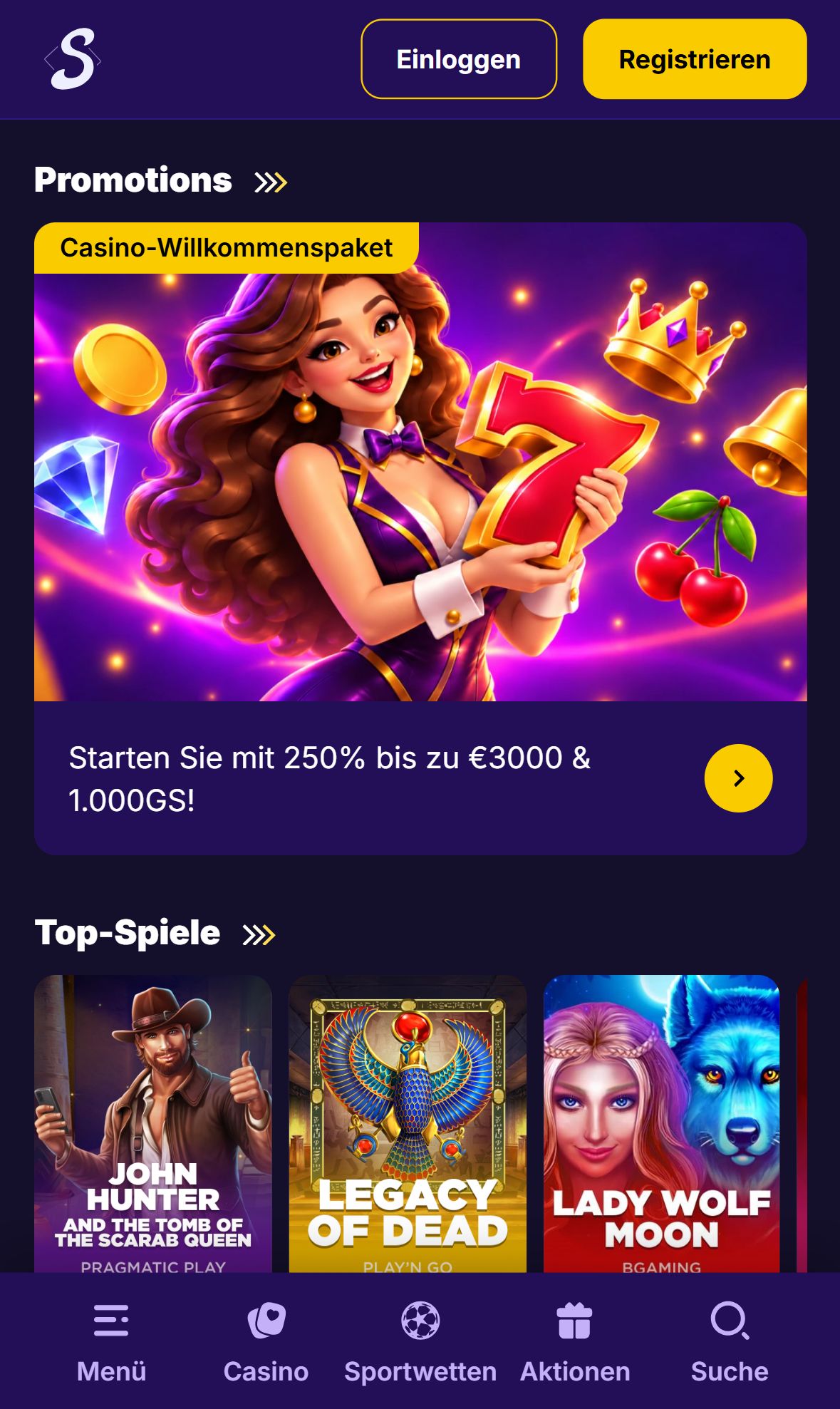 Onestep Casino — Startseite (Mobil)