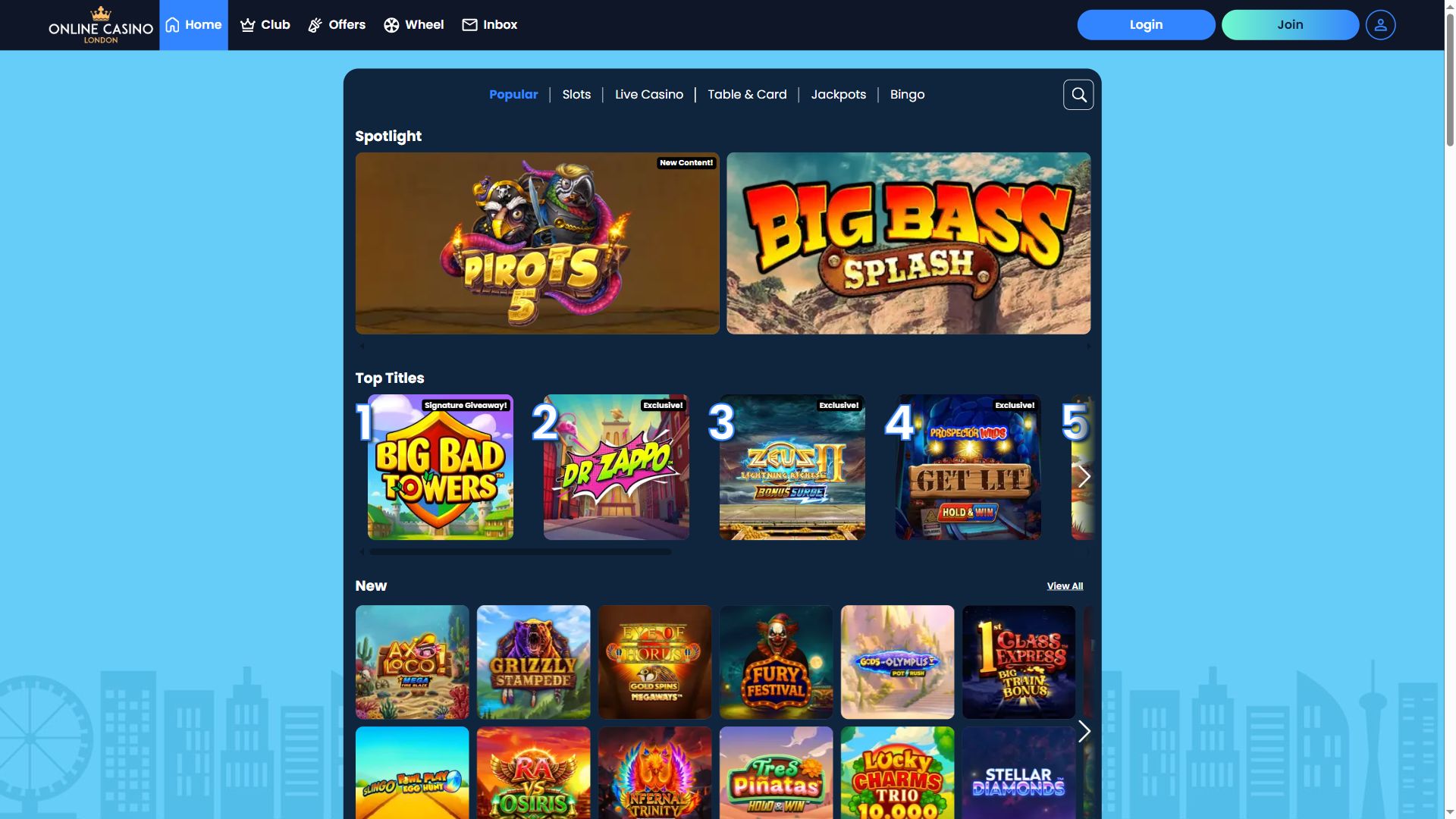 Online Casino London — Lobby (Desktop)