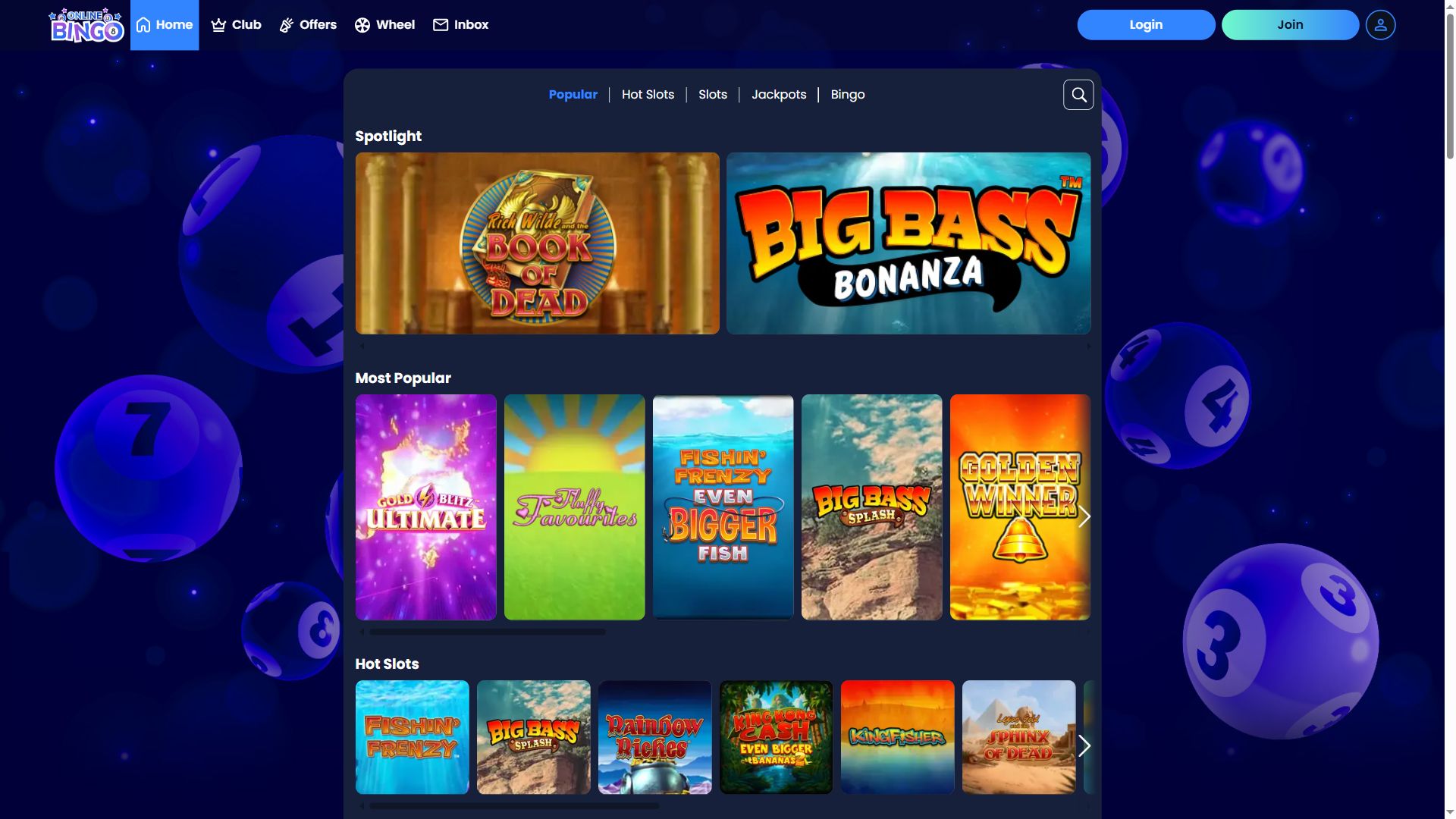 OnlineBingo — Lobby (Desktop)