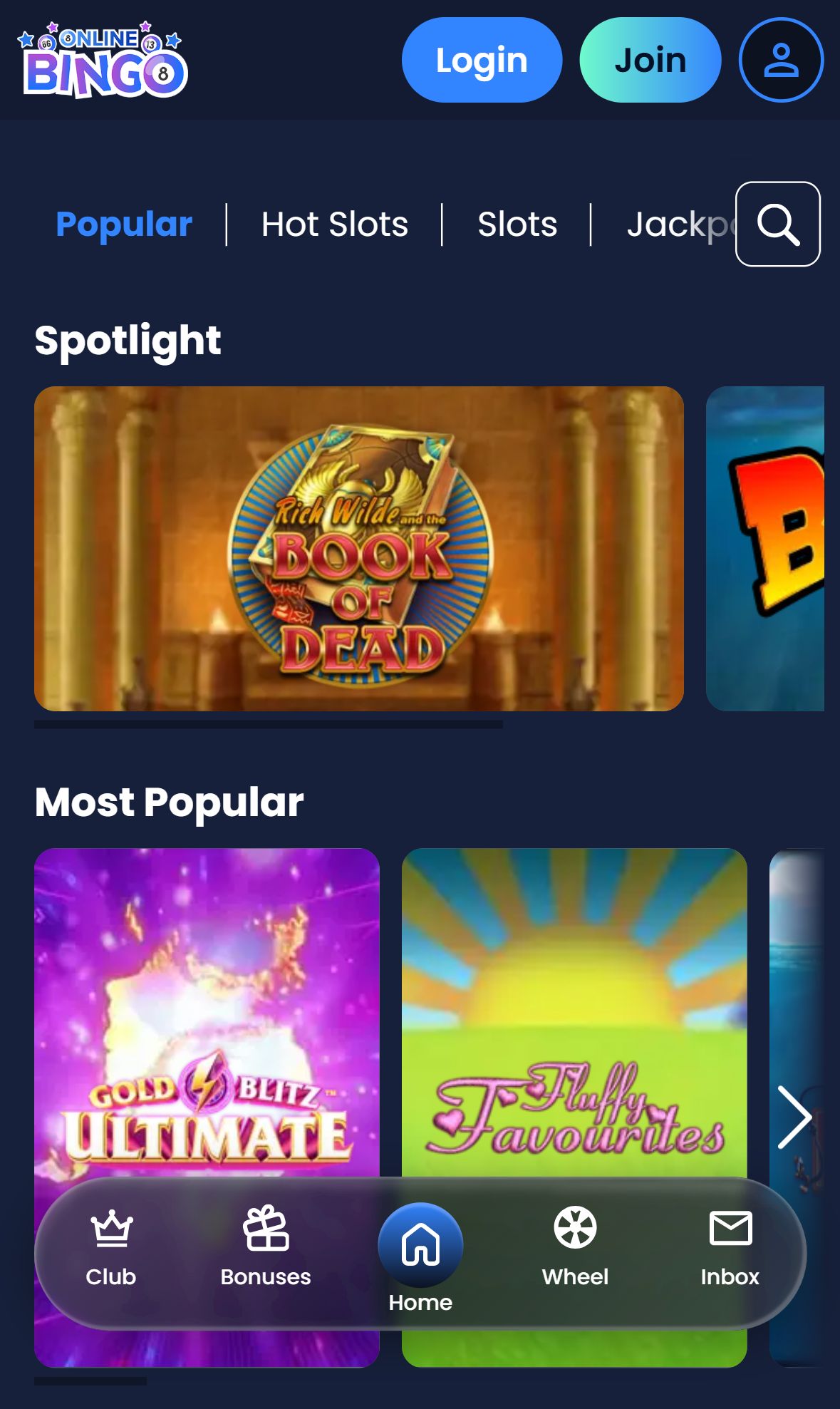 OnlineBingo — Lobby (Mobile)